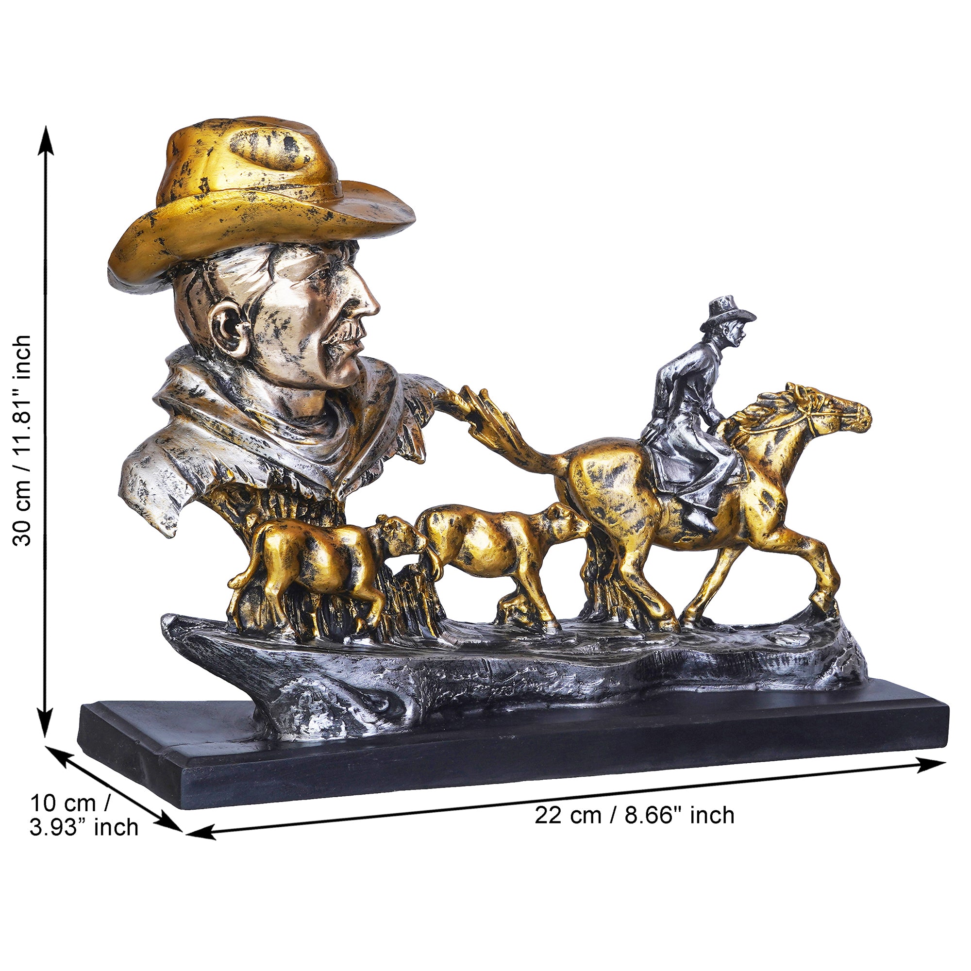 Antique Cowboys Face with Boy Sitting on Running Horse & Cow Statues Decorative Showpiece 3
