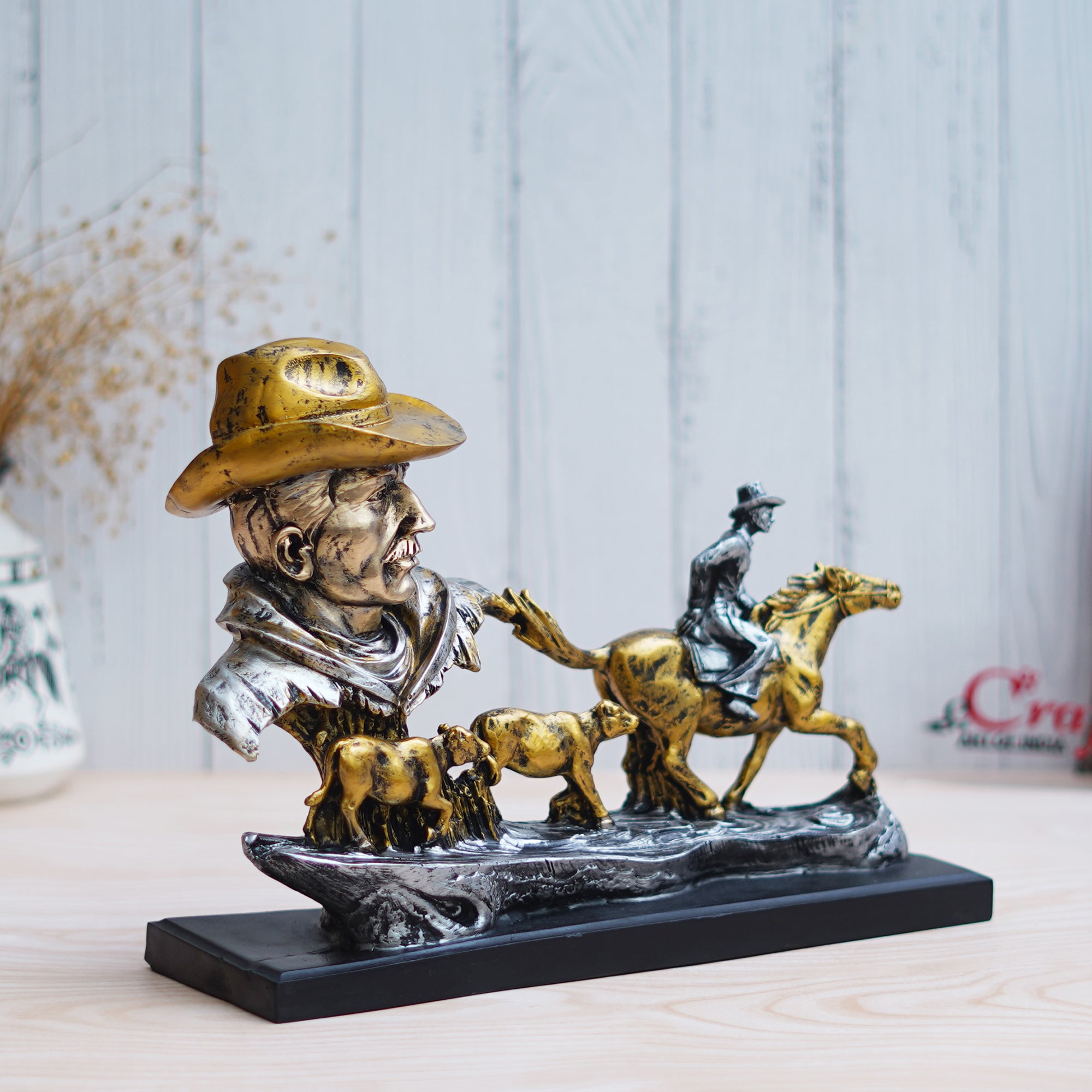 Antique Cowboys Face with Boy Sitting on Running Horse & Cow Statues Decorative Showpiece 4