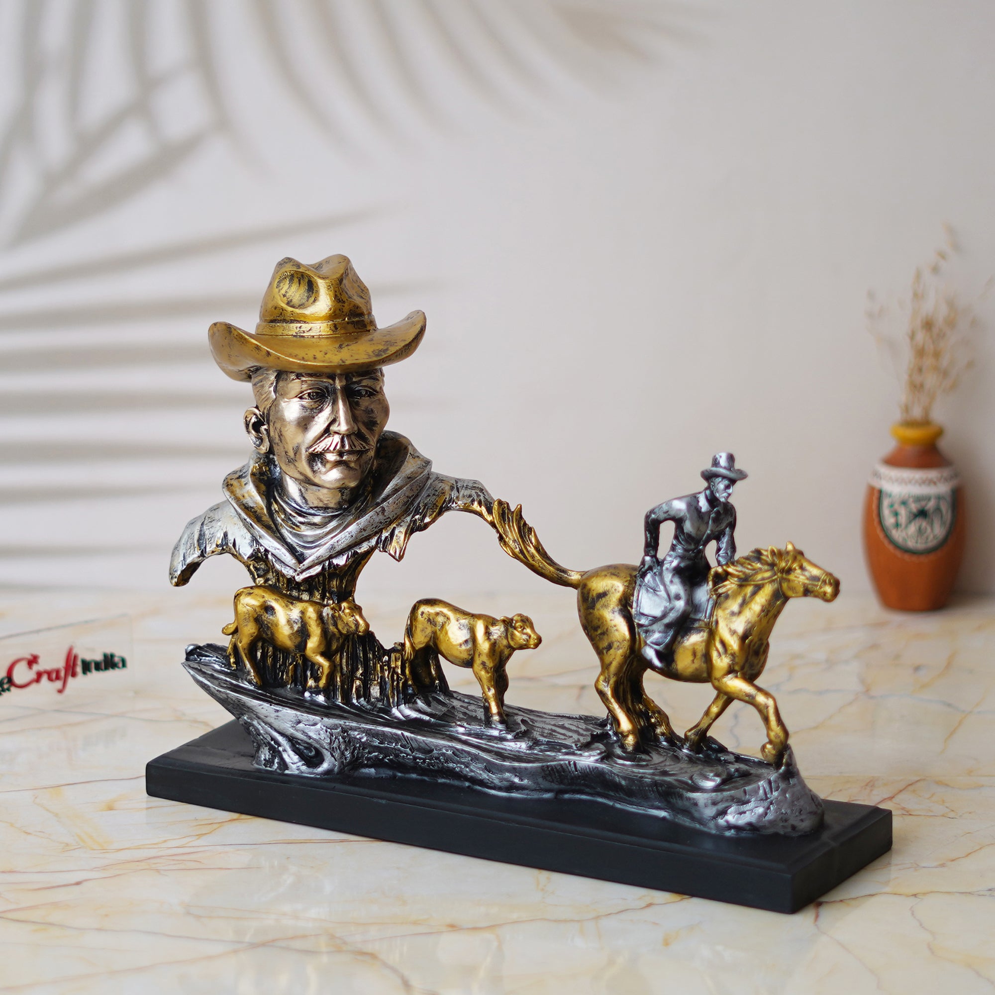 Antique Cowboys Face with Boy Sitting on Running Horse & Cow Statues Decorative Showpiece 5
