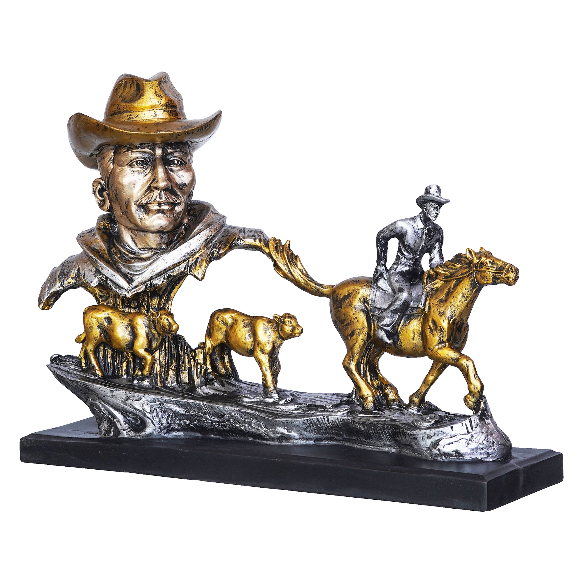 Antique Cowboys Face with Boy Sitting on Running Horse & Cow Statues Decorative Showpiece 6