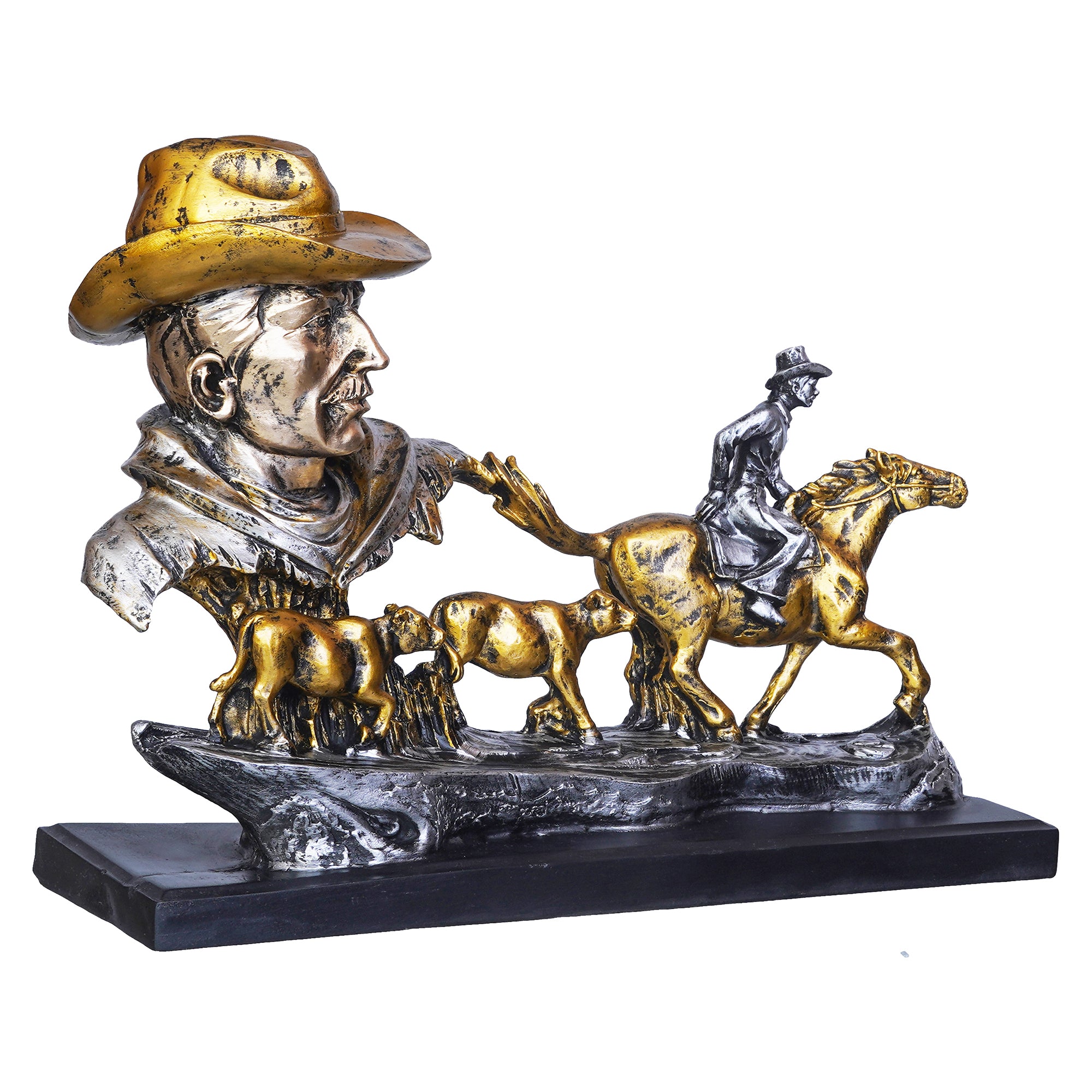 Antique Cowboys Face with Boy Sitting on Running Horse & Cow Statues Decorative Showpiece 7