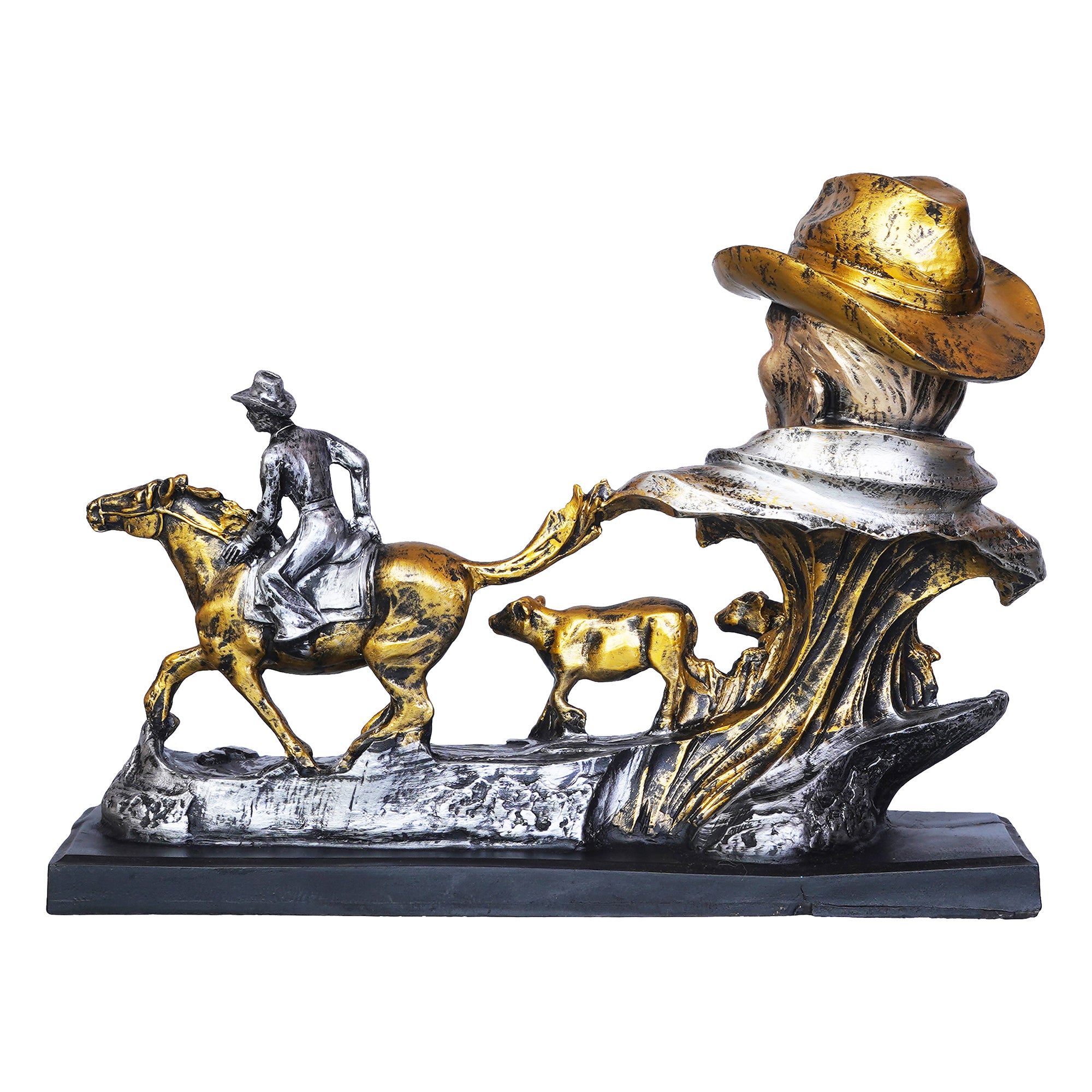 Antique Cowboys Face with Boy Sitting on Running Horse & Cow Statues Decorative Showpiece 8