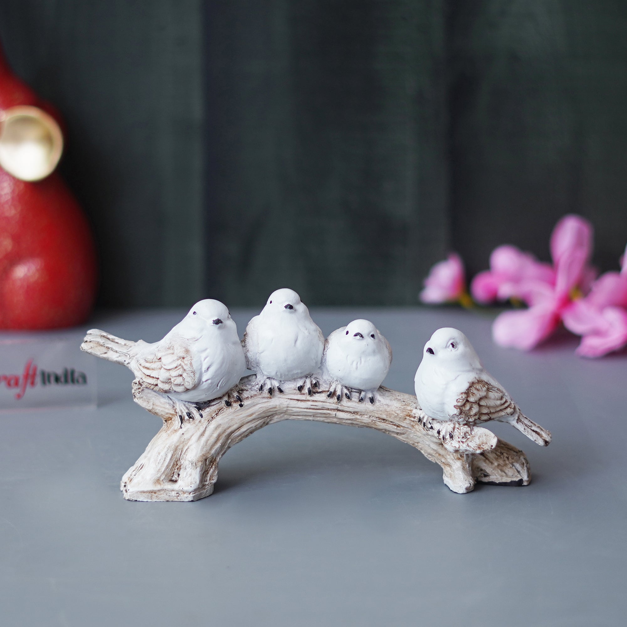 Polyresin Handcrafted 4 White Bird Statues Sitting on Tree Branch Decorative Showpiece 1