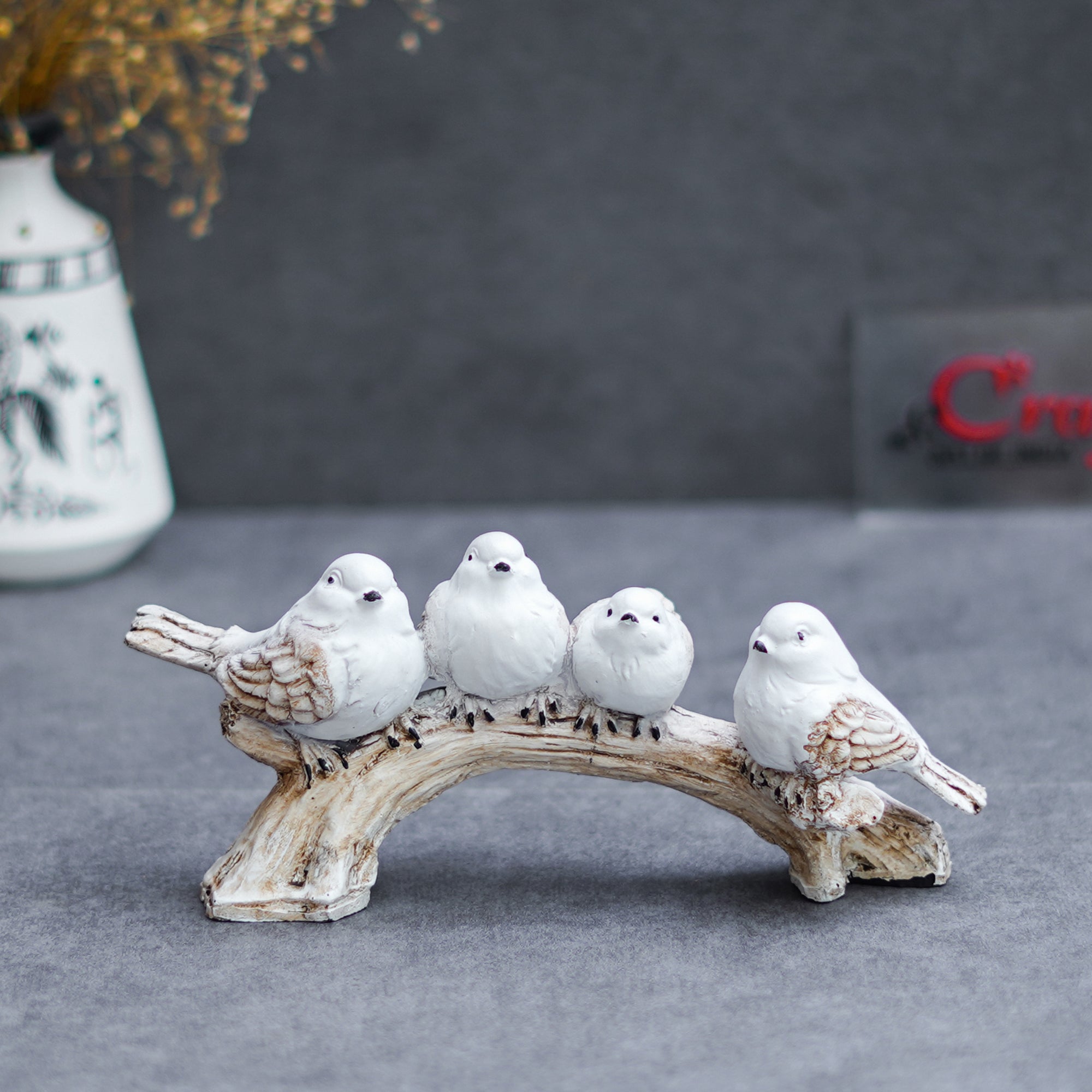Polyresin Handcrafted 4 White Bird Statues Sitting on Tree Branch Decorative Showpiece