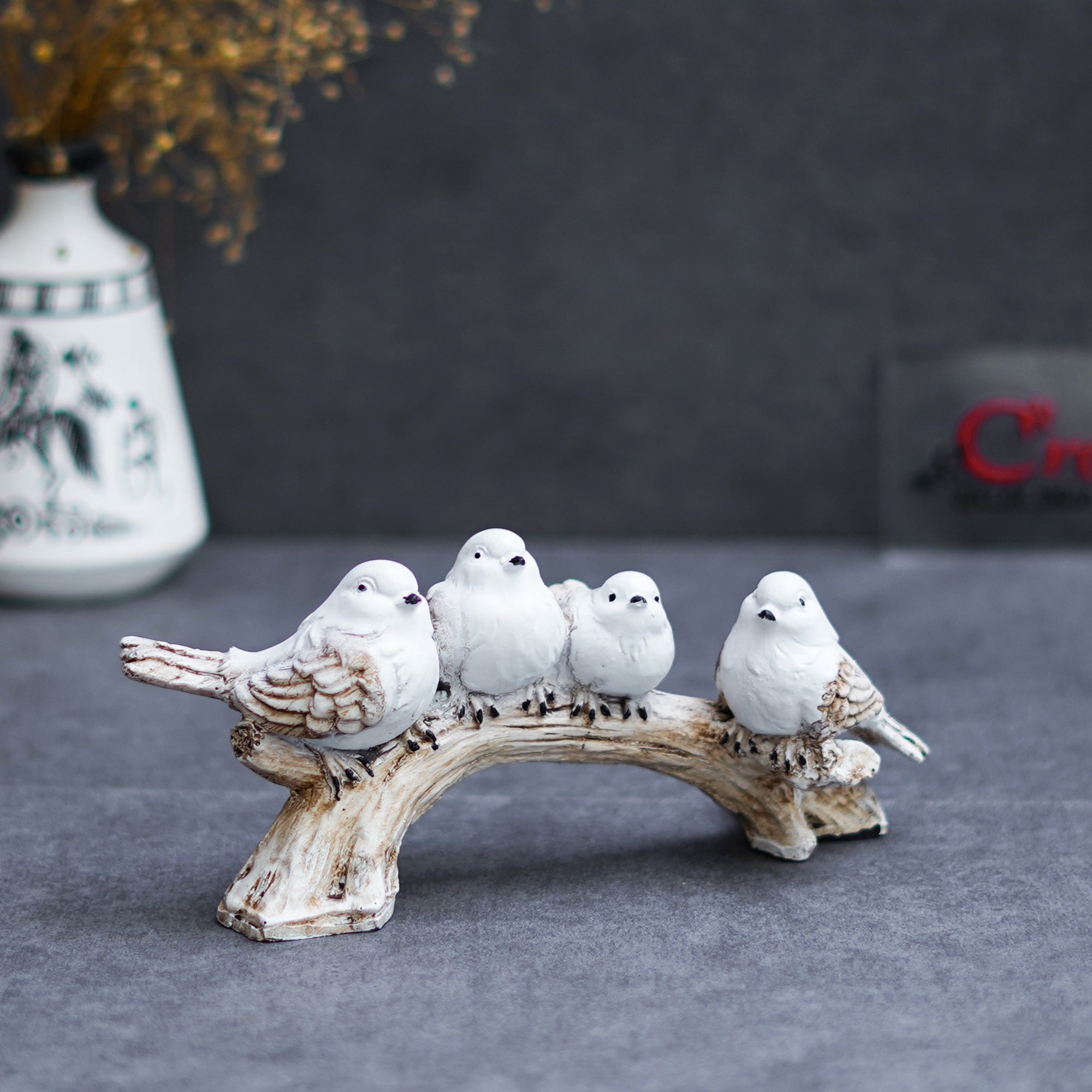 Polyresin Handcrafted 4 White Bird Statues Sitting on Tree Branch Decorative Showpiece 4