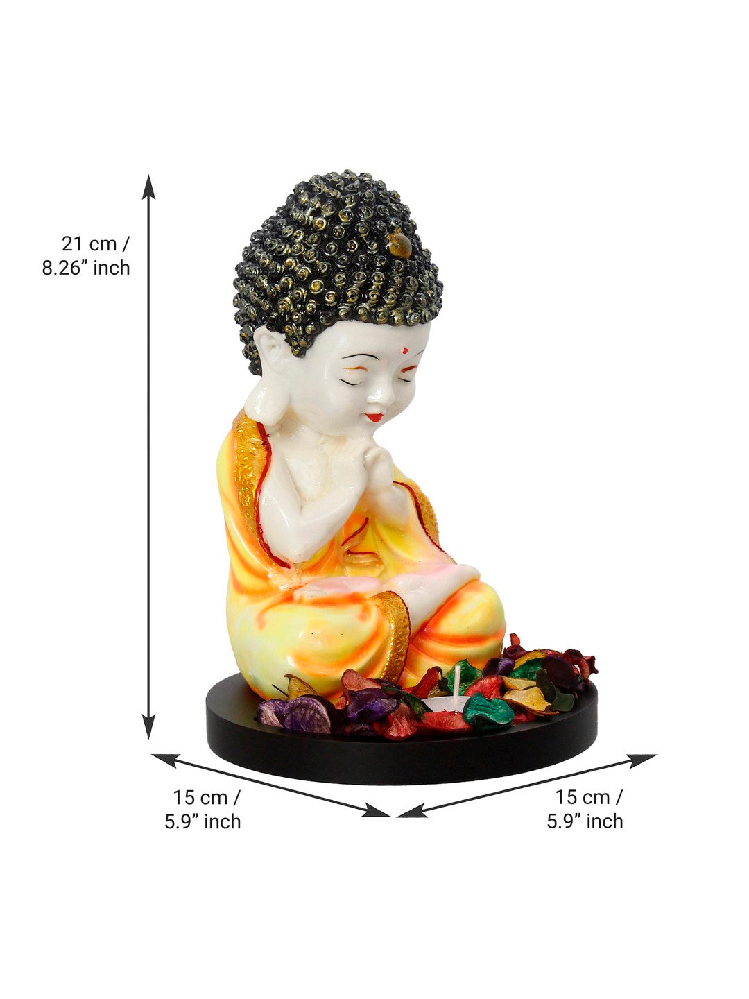 Polyresin Yellow and White Praying Monk Buddha Idol with Wooden Base, Fragranced Petals and Tealight 2