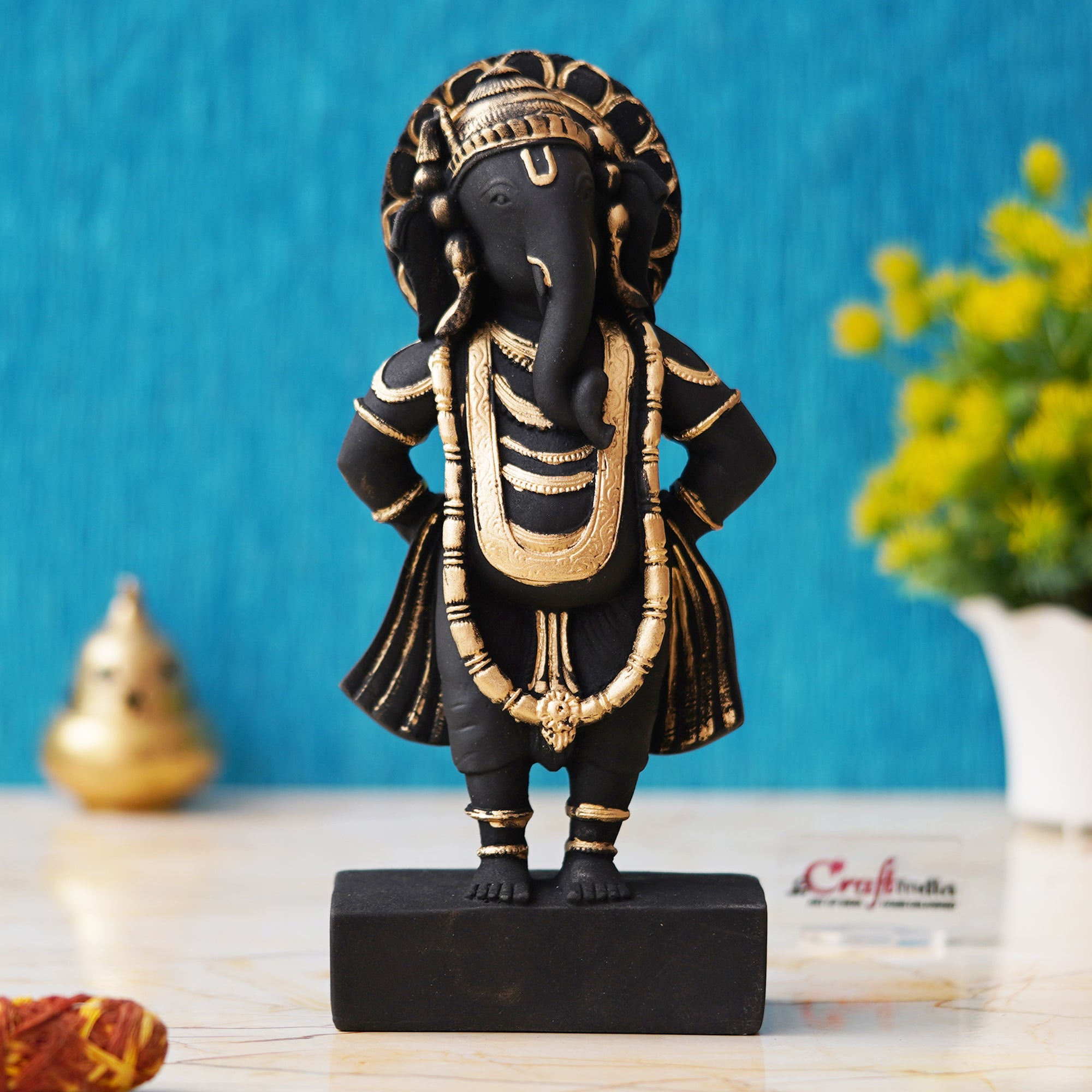 Black & Golden Polyresin Handcrafted Standing Lord Ganesha Statue