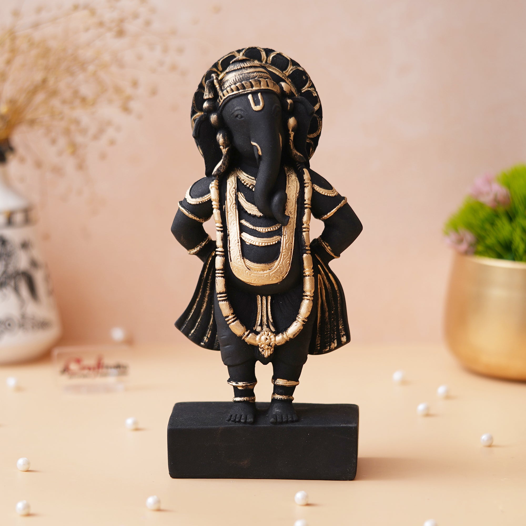 Black & Golden Polyresin Handcrafted Standing Lord Ganesha Statue 4