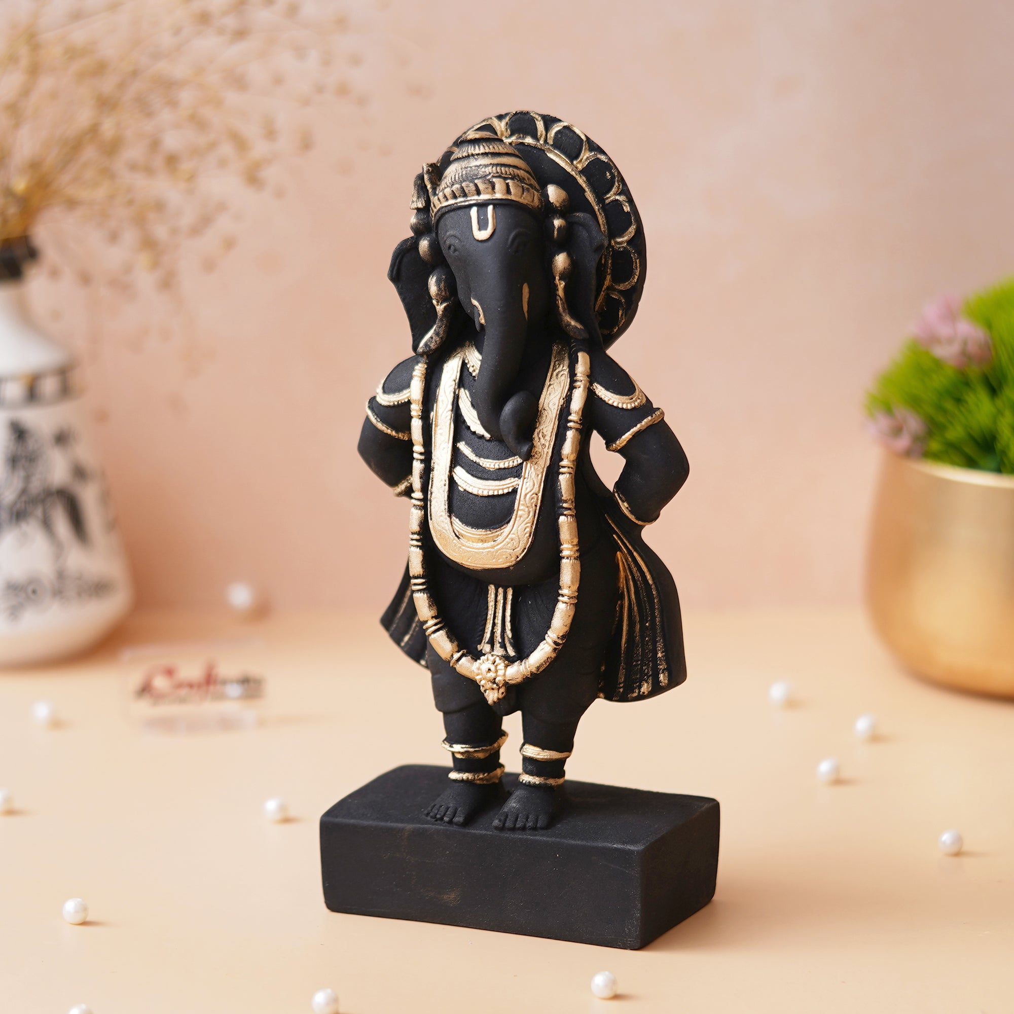 Black & Golden Polyresin Handcrafted Standing Lord Ganesha Statue 5