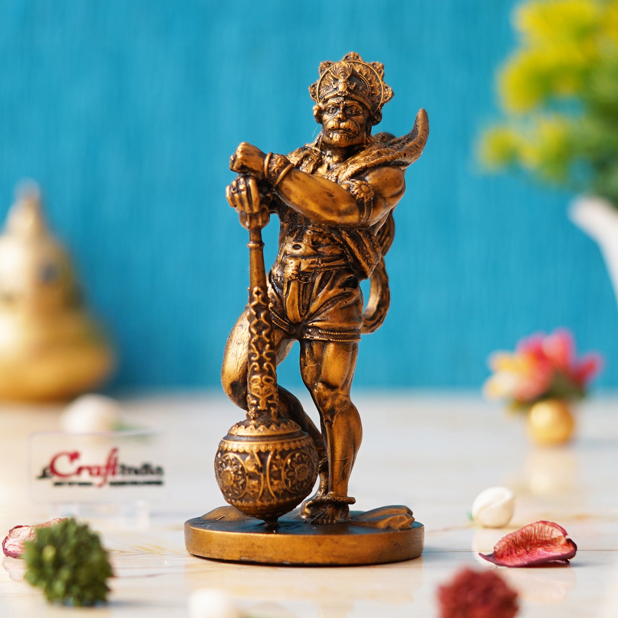 Golden Polyresin Handcrafted Standing Lord Hanuman Idol with Gada/Mace