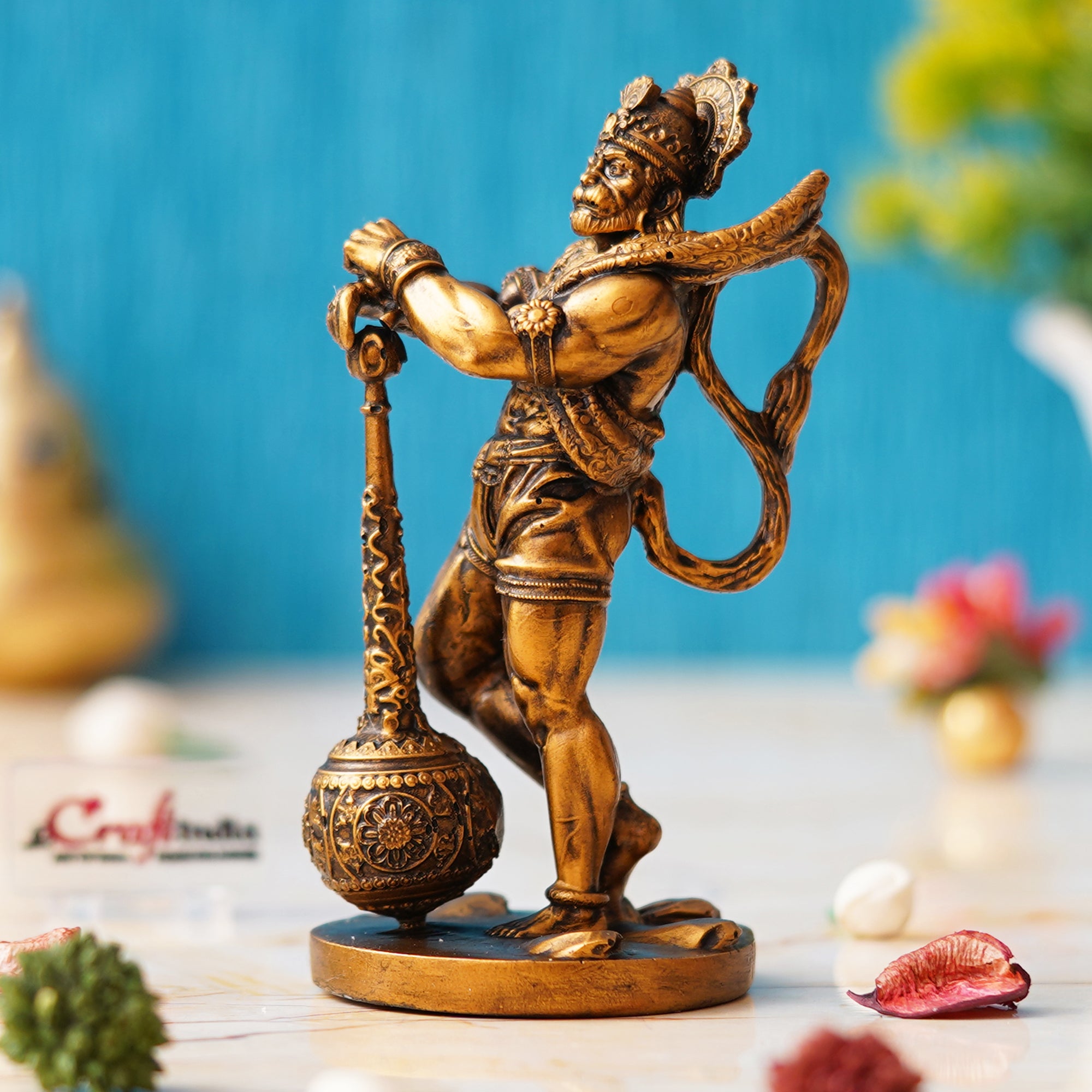 Golden Polyresin Handcrafted Standing Lord Hanuman Idol with Gada/Mace 4