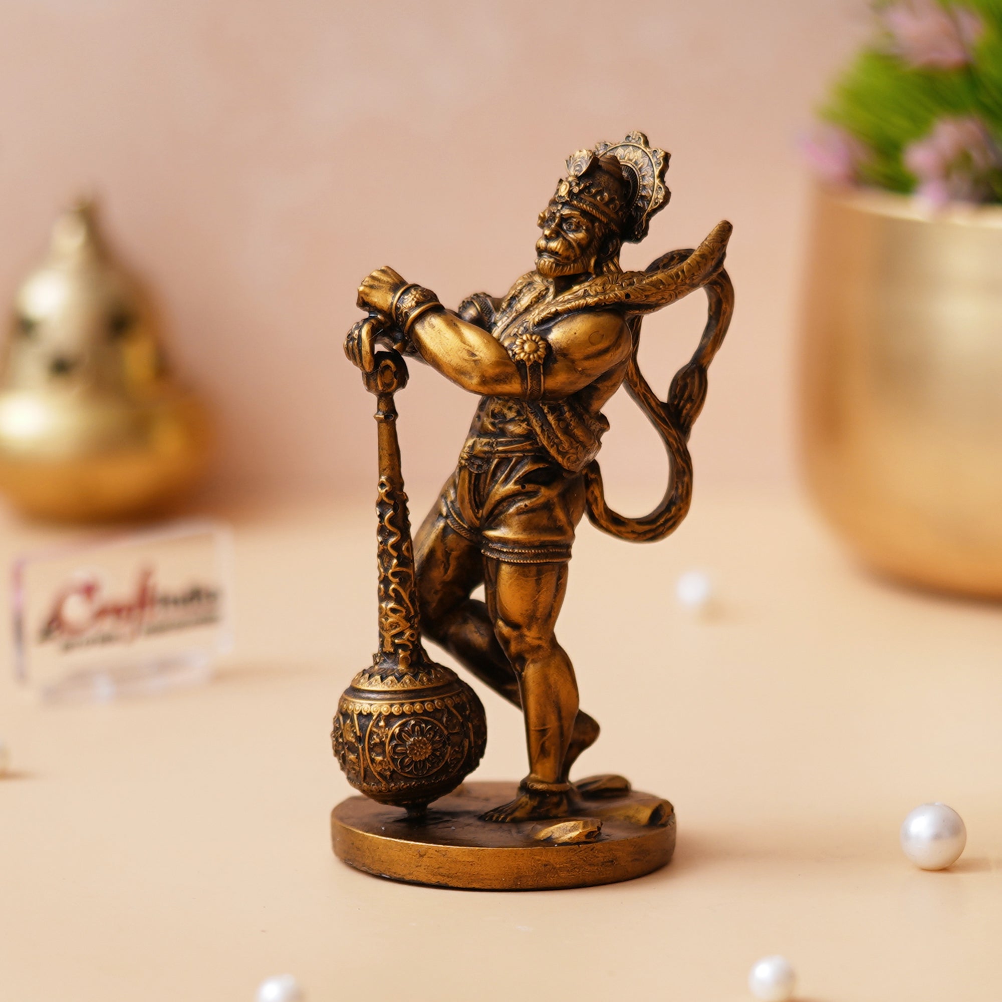 Golden Polyresin Handcrafted Standing Lord Hanuman Idol with Gada/Mace 5