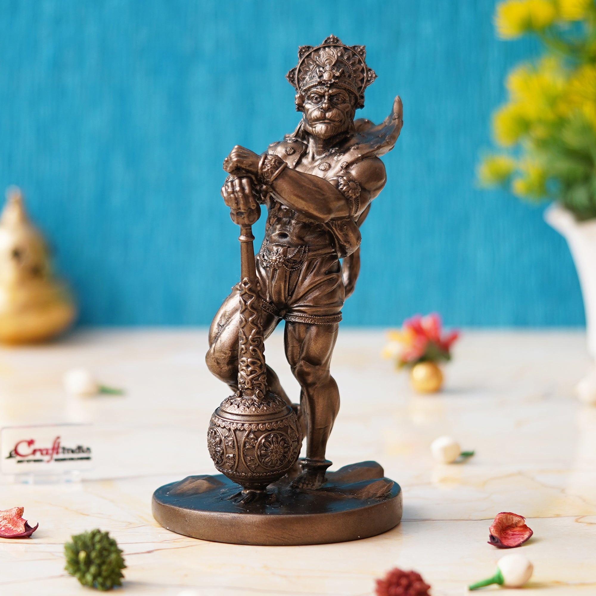 Golden Polyresin Handcrafted Standing Lord Hanuman Statue with Gada/Mace