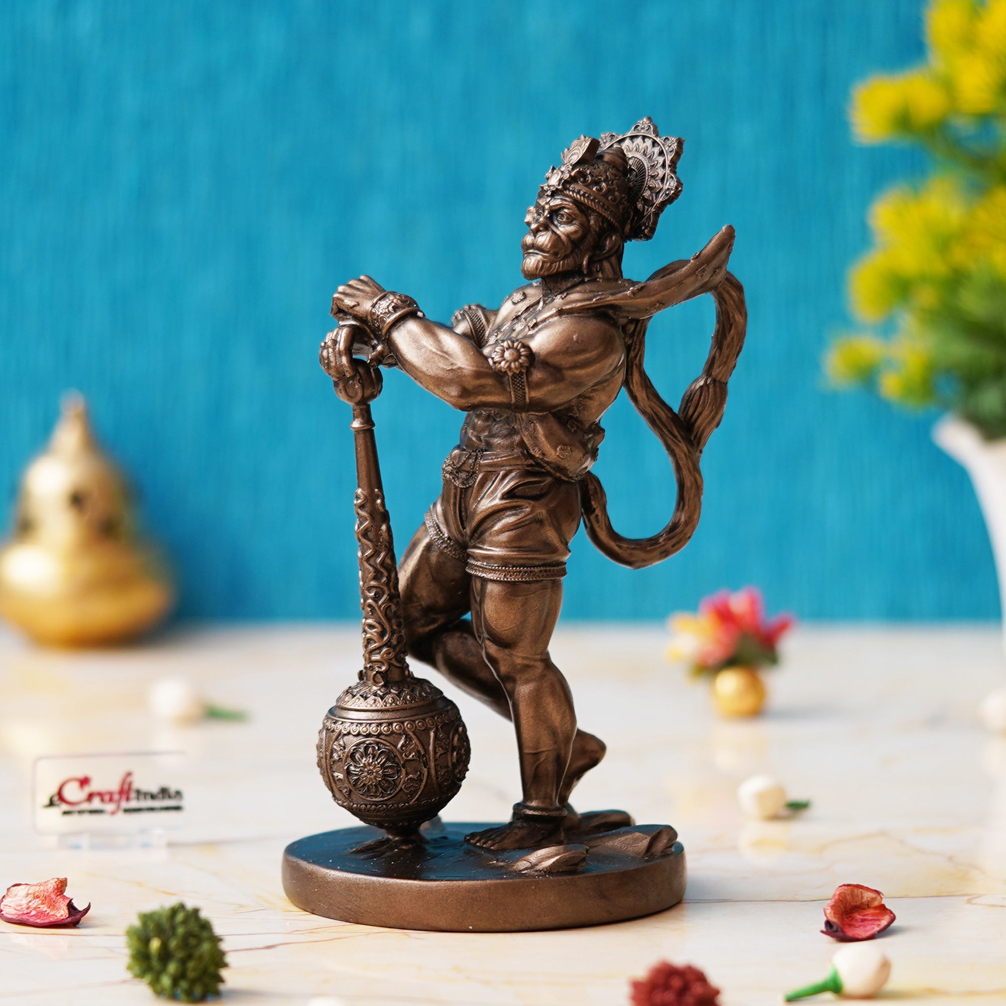 Golden Polyresin Handcrafted Standing Lord Hanuman Statue with Gada/Mace 1