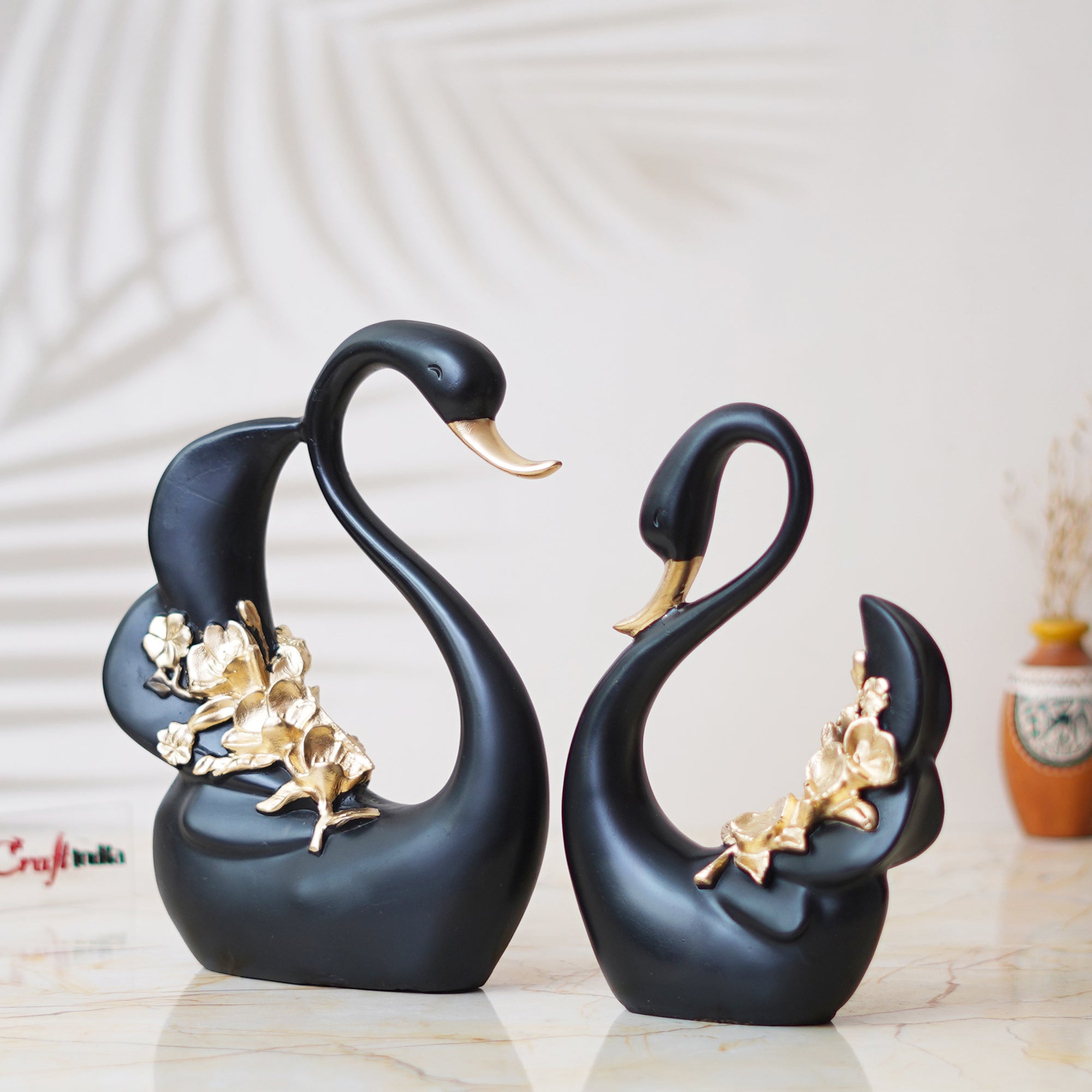 Black and Golden Polyresin Lovely Swan Couple Statue Decorative Showpiece 1