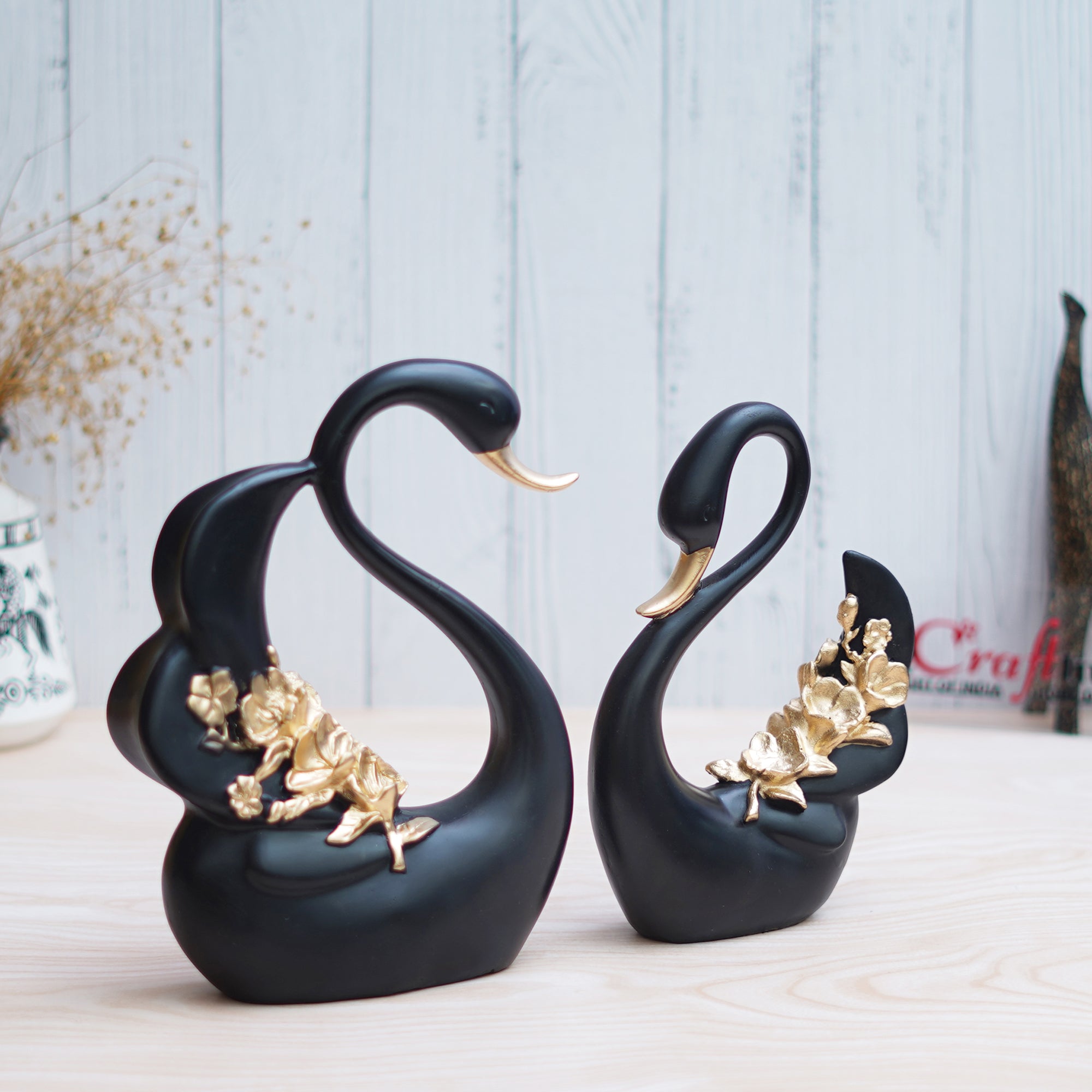 Black and Golden Polyresin Lovely Swan Couple Statue Decorative Showpiece 4
