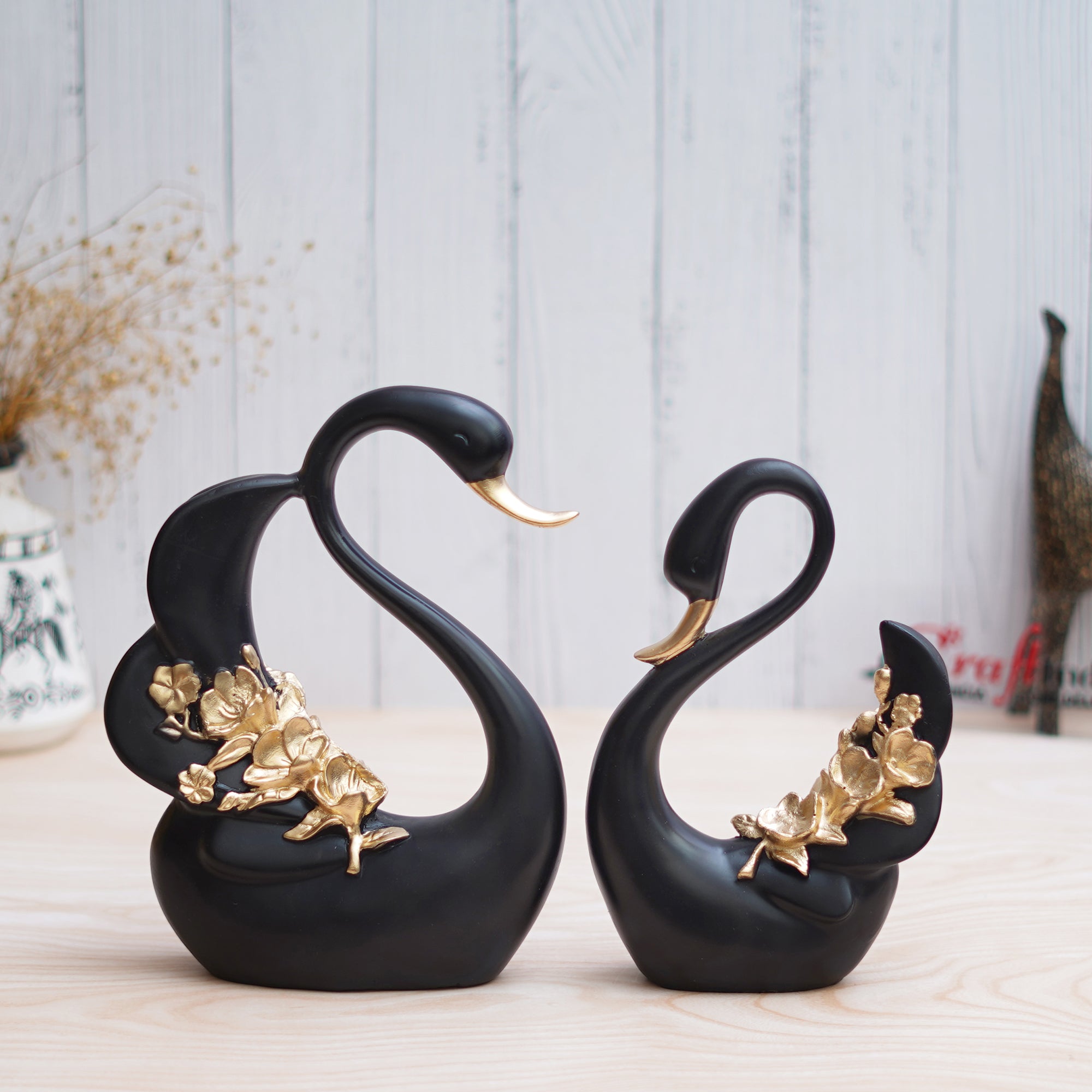 Black and Golden Polyresin Lovely Swan Couple Statue Decorative Showpiece 5
