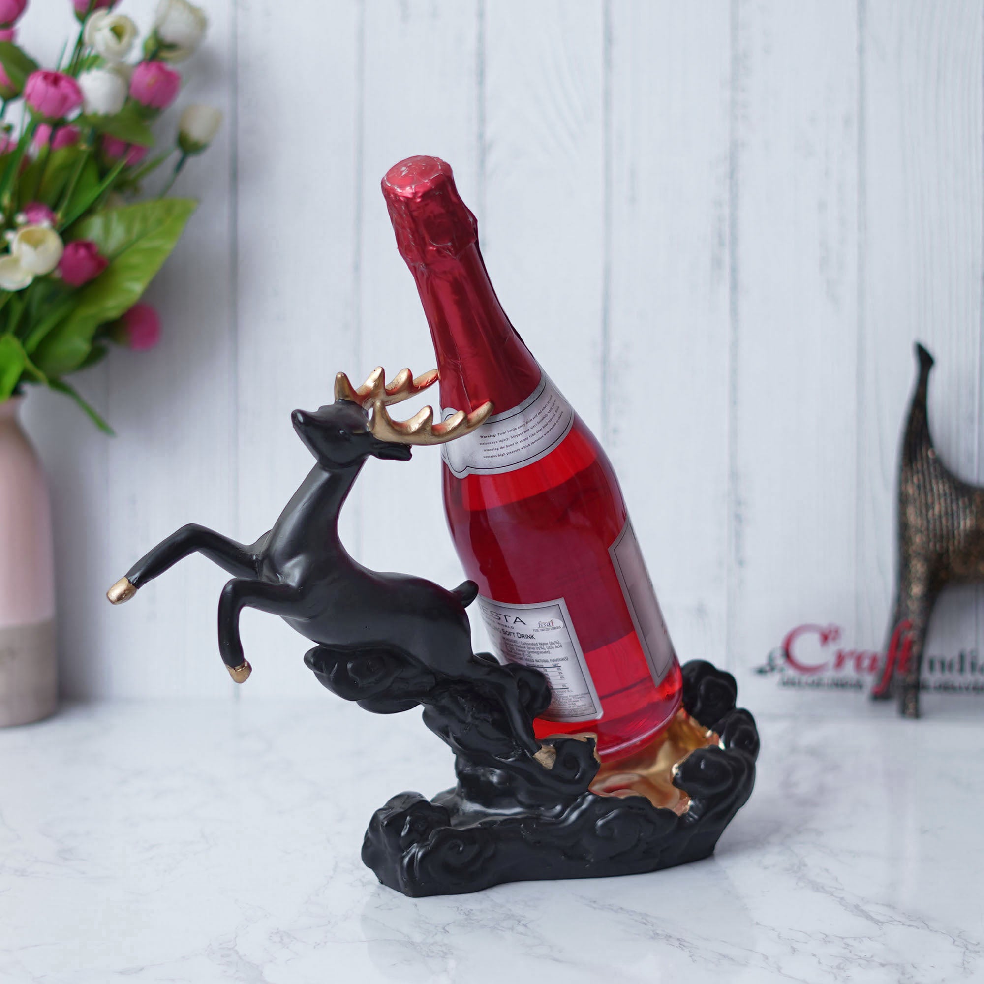 Black Polyresin Stotting Deer Statue Wine Holder, Majestic Animal Figurine Decorative Showpiece