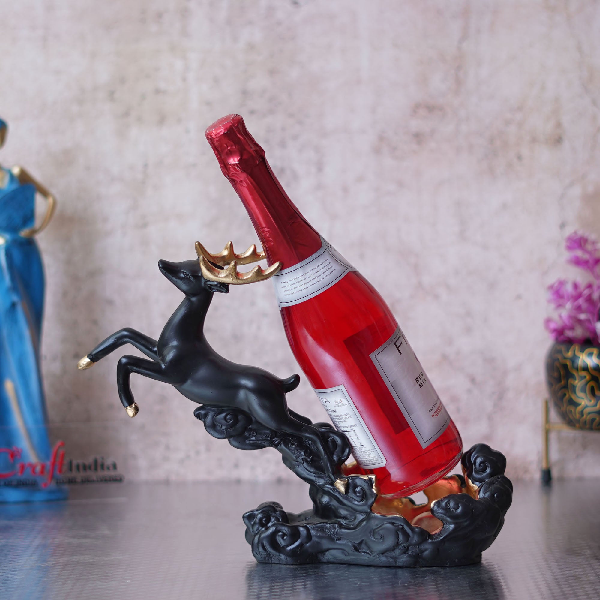 Black Polyresin Stotting Deer Statue Wine Holder, Majestic Animal Figurine Decorative Showpiece 4