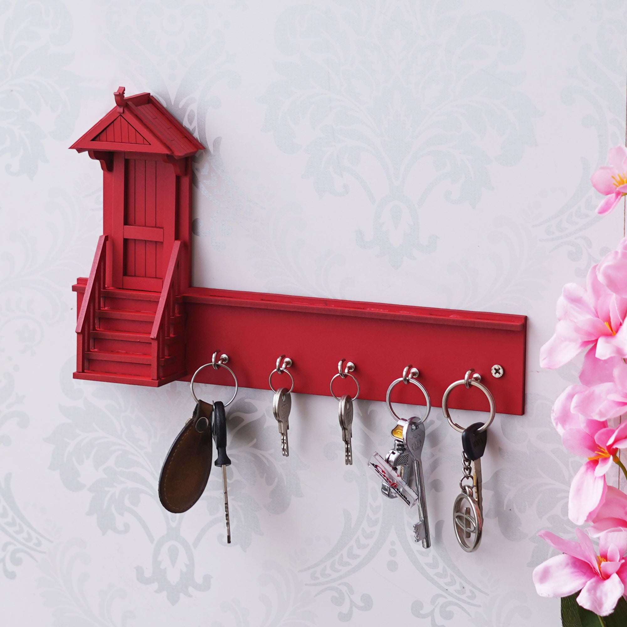 Red Home Decorative Wooden Key Holder with 5 Hooks 1