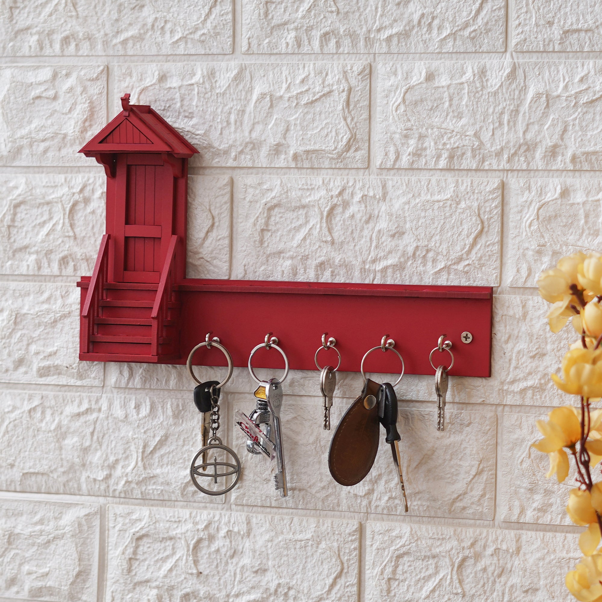Red Home Decorative Wooden Key Holder with 5 Hooks