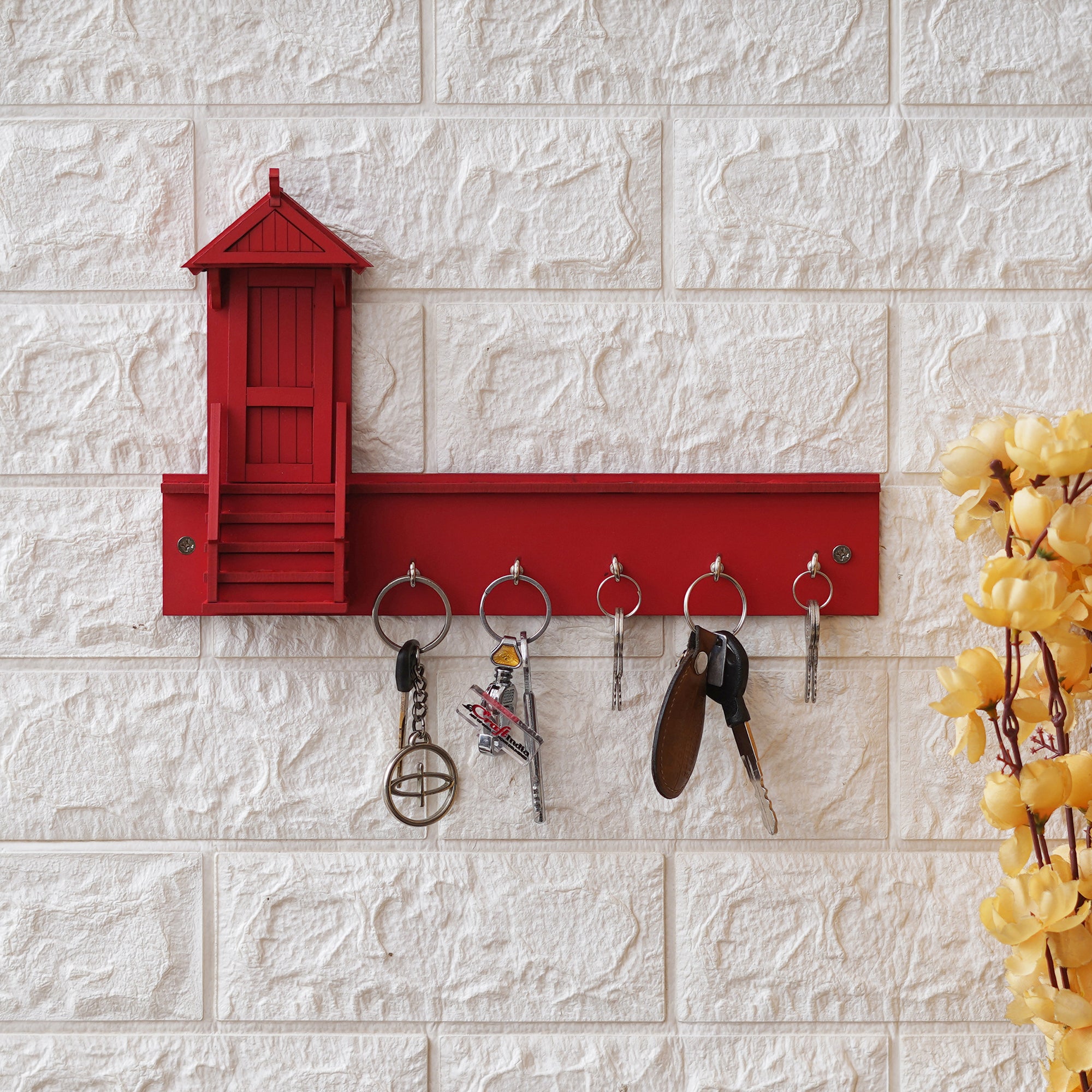 Red Home Decorative Wooden Key Holder with 5 Hooks 4