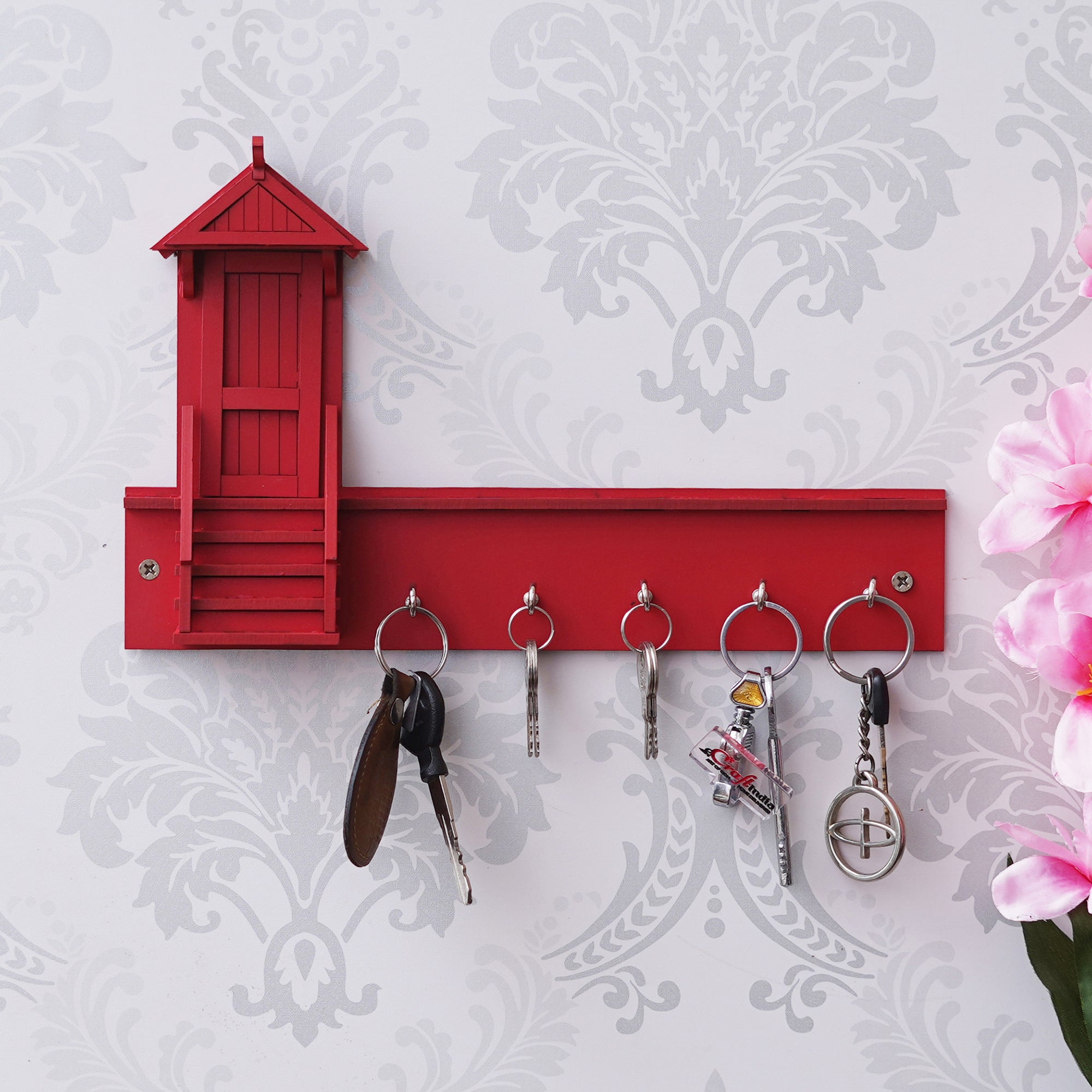 Red Home Decorative Wooden Key Holder with 5 Hooks 5