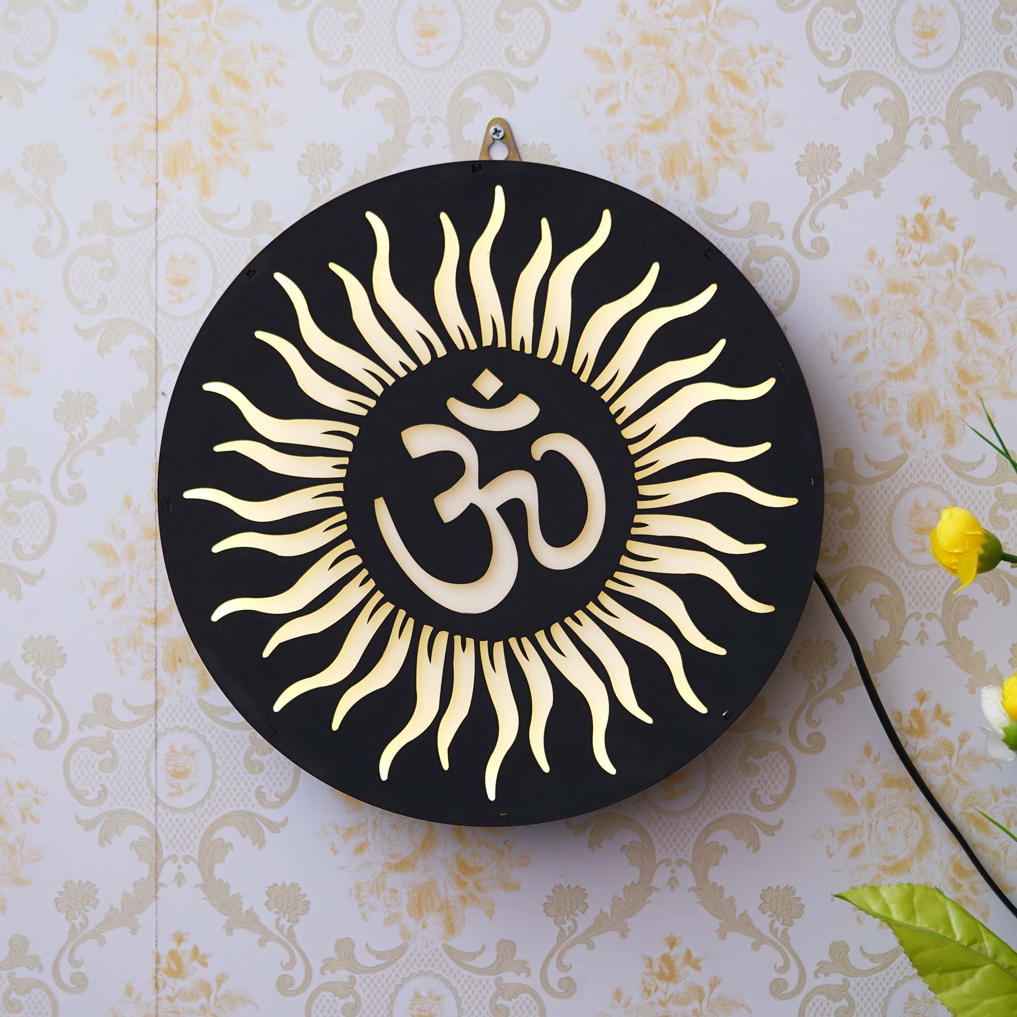 Sun and Om Symbol Wooden Cutout LED Light Lamp Decorative Wall Hanging