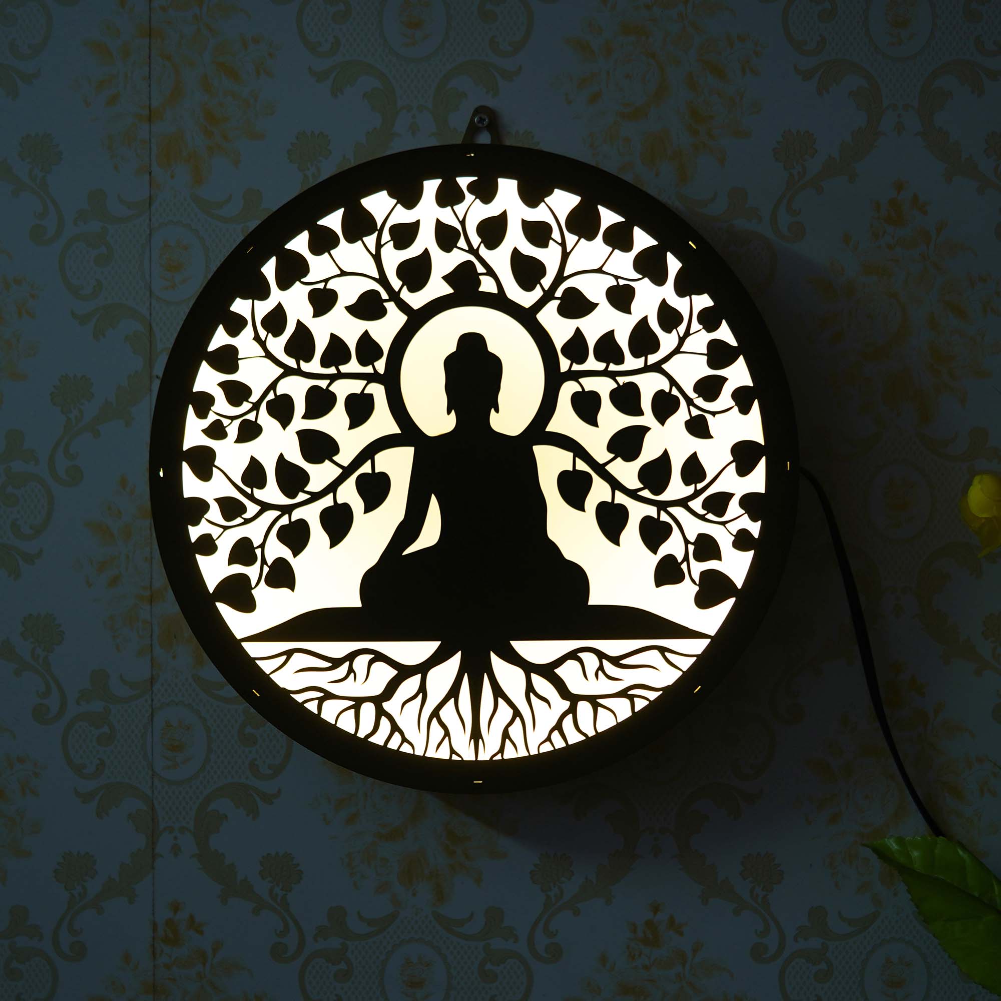 "Lord Buddha Sitting Under a Tree" Wooden Cutout LED Light Lamp Decorative Wall Hanging 1