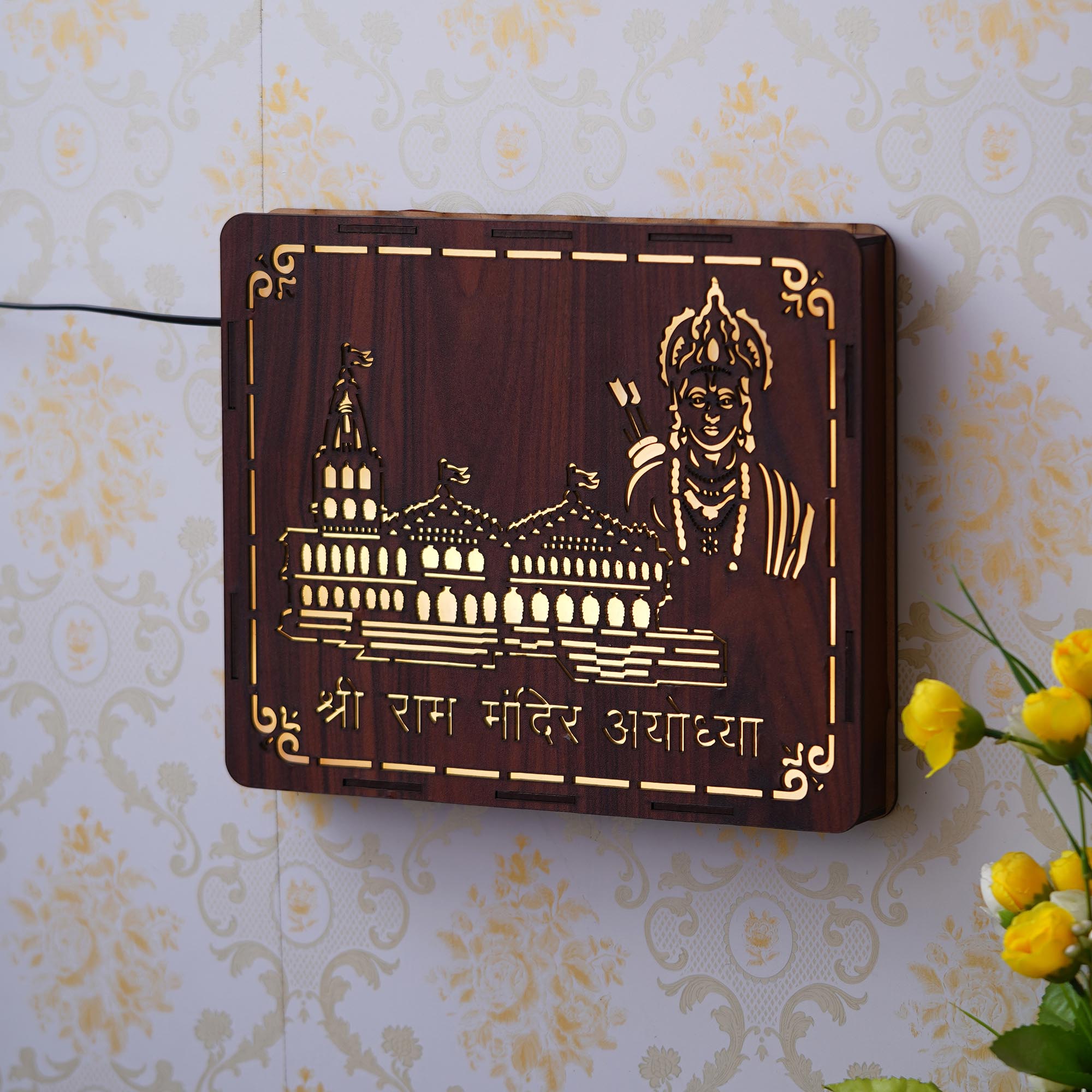 Gold, Brown Shri Ram Mandir Ayodhya, Jai Shree Ram Wooden Wall Hanging Frame for Home Living Room, Bedroom, Office Decor & Gift for Housewarming, Diwali, Rama Navami 1