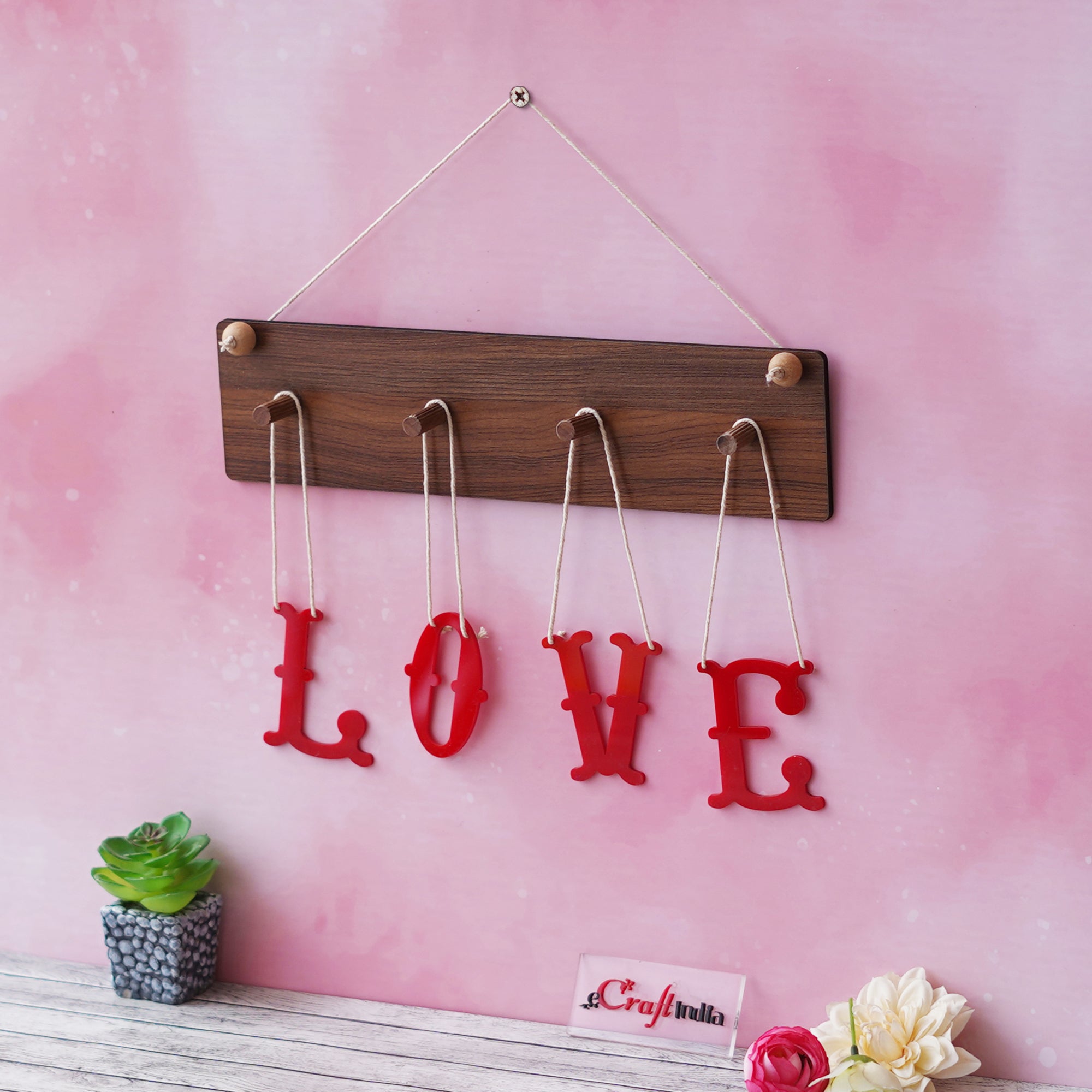 Brown & Red "LOVE" Sign Wooden Wall Hanging Showpiece