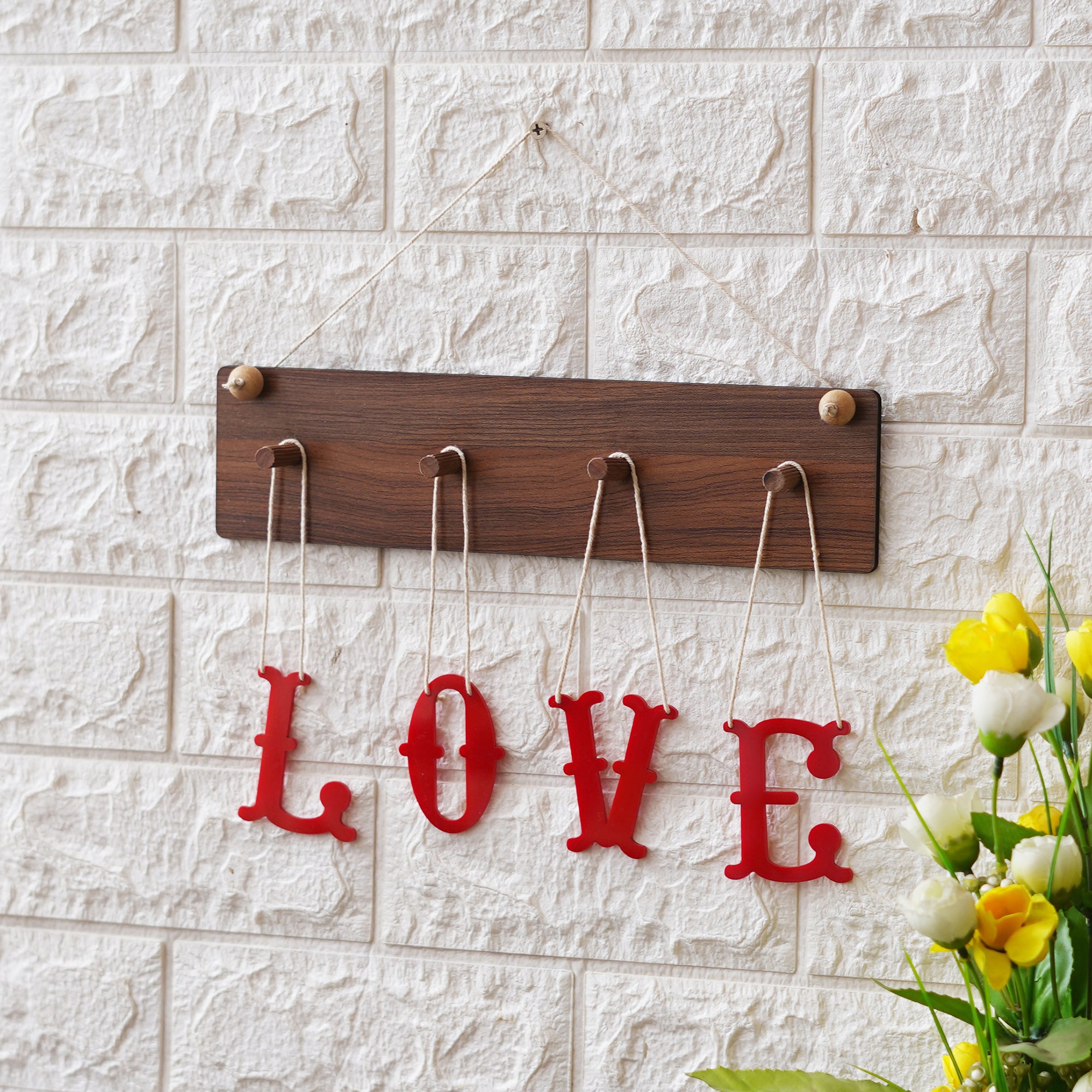 Brown & Red "LOVE" Sign Wooden Wall Hanging Showpiece 4