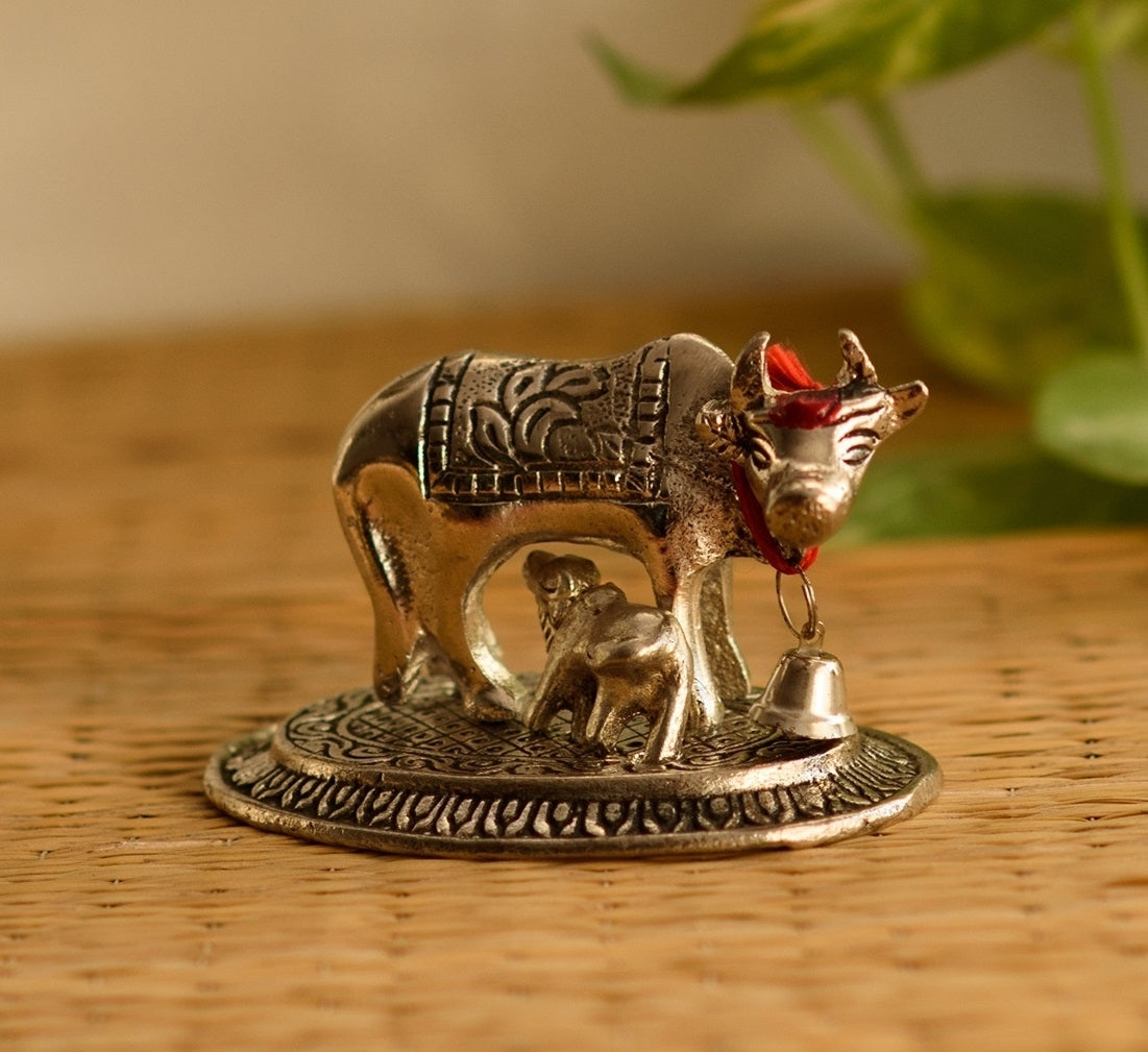 Silver Metal Handcrafted Cow and Calf Figurine