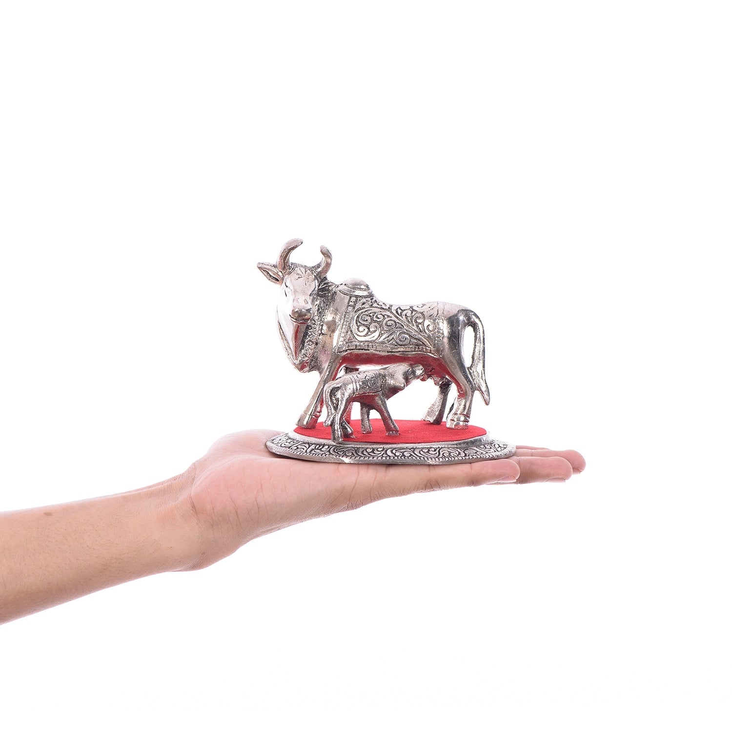 Silver White Metal Kamdhenu cow and calf statue 5