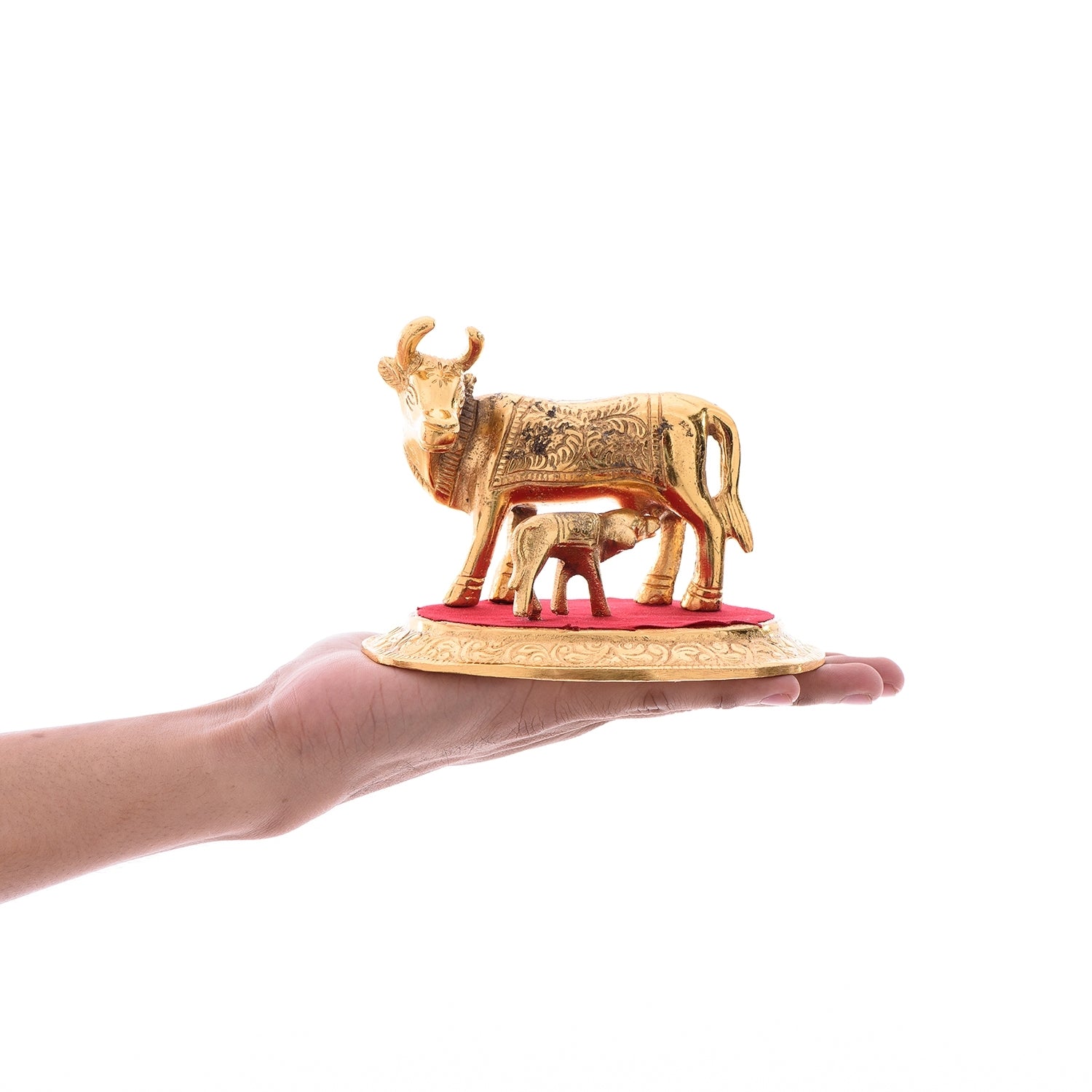 Golden Metal Kamadhenu Cow With Calf Statue Animal Figurines 5