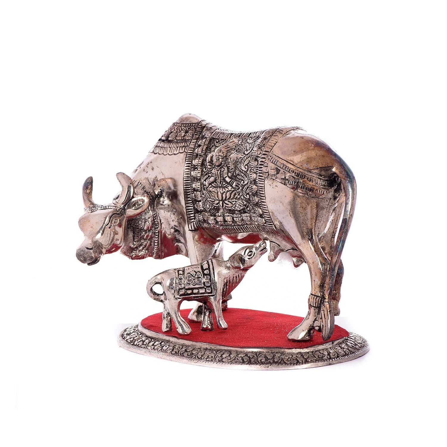 White Metal Decorative Kamadhenu Cow With Calf Statue Animal Figurines 4
