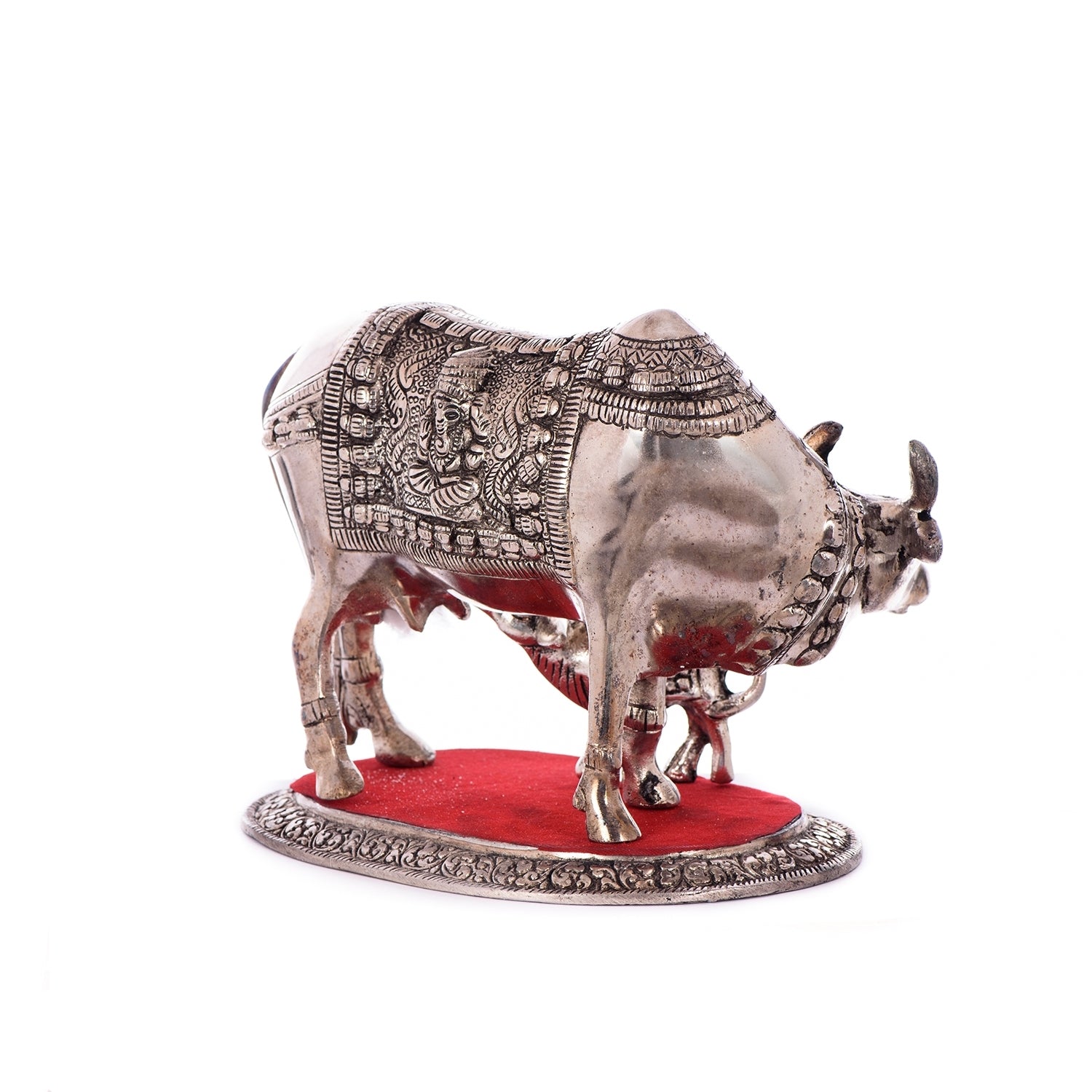 White Metal Decorative Kamadhenu Cow With Calf Statue Animal Figurines 5