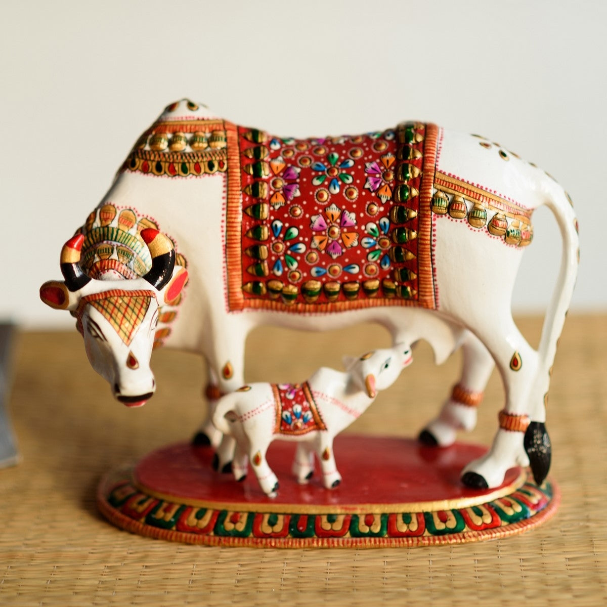 Meenakari Metal Colorful Cow And Calf statue (White, Red and Green)