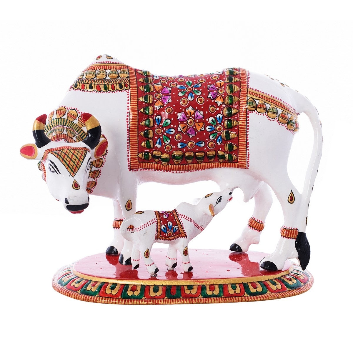 Meenakari Metal Colorful Cow And Calf statue (White, Red and Green) 1