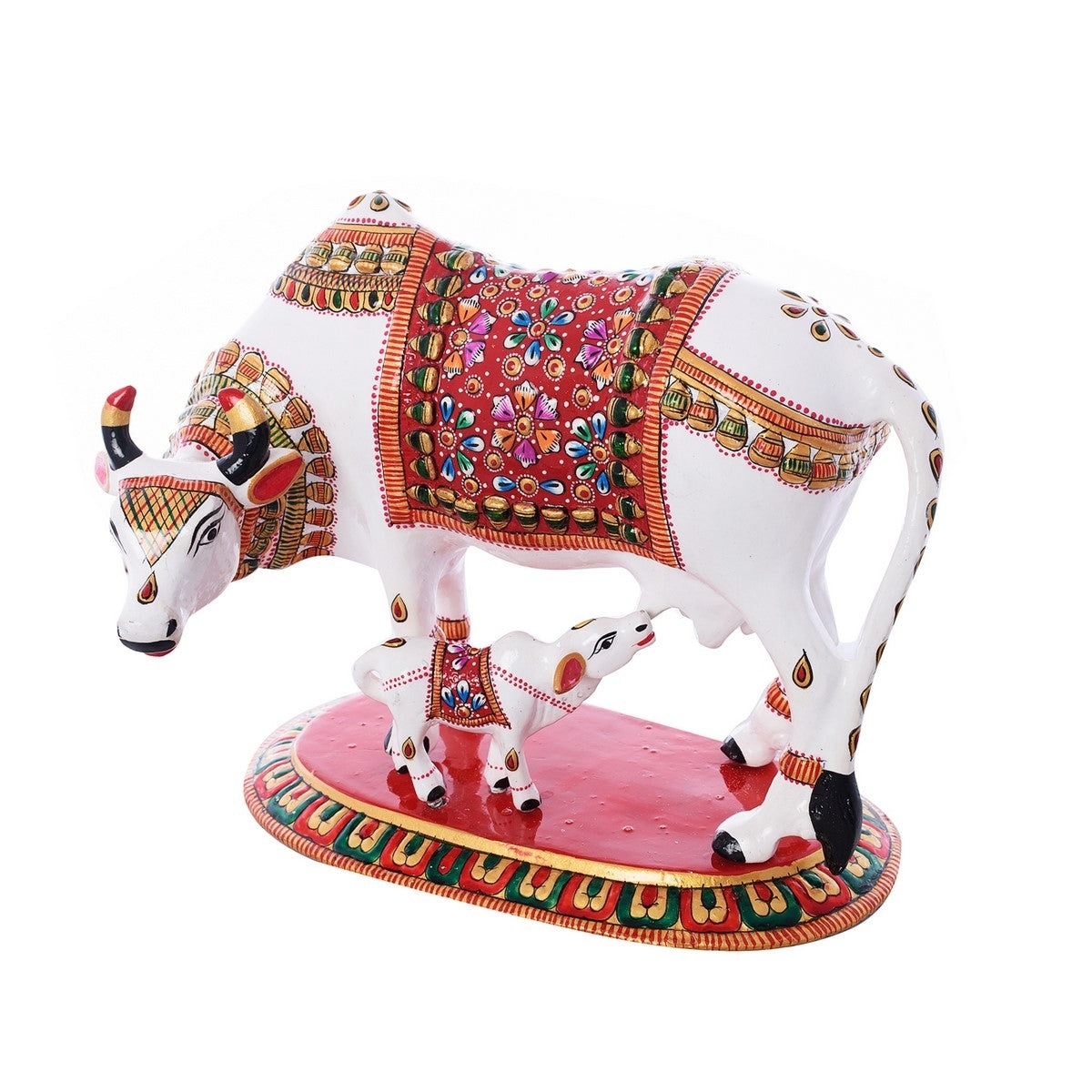 Meenakari Metal Colorful Cow And Calf statue (White, Red and Green) 3