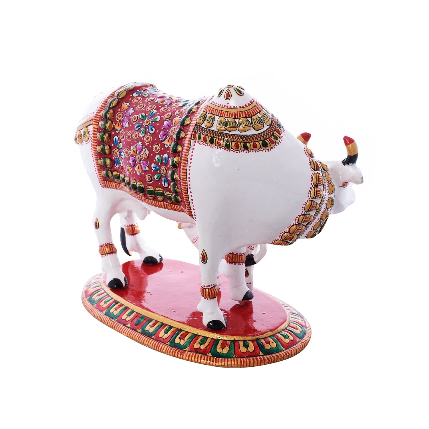 Meenakari Metal Colorful Cow And Calf statue (White, Red and Green) 4