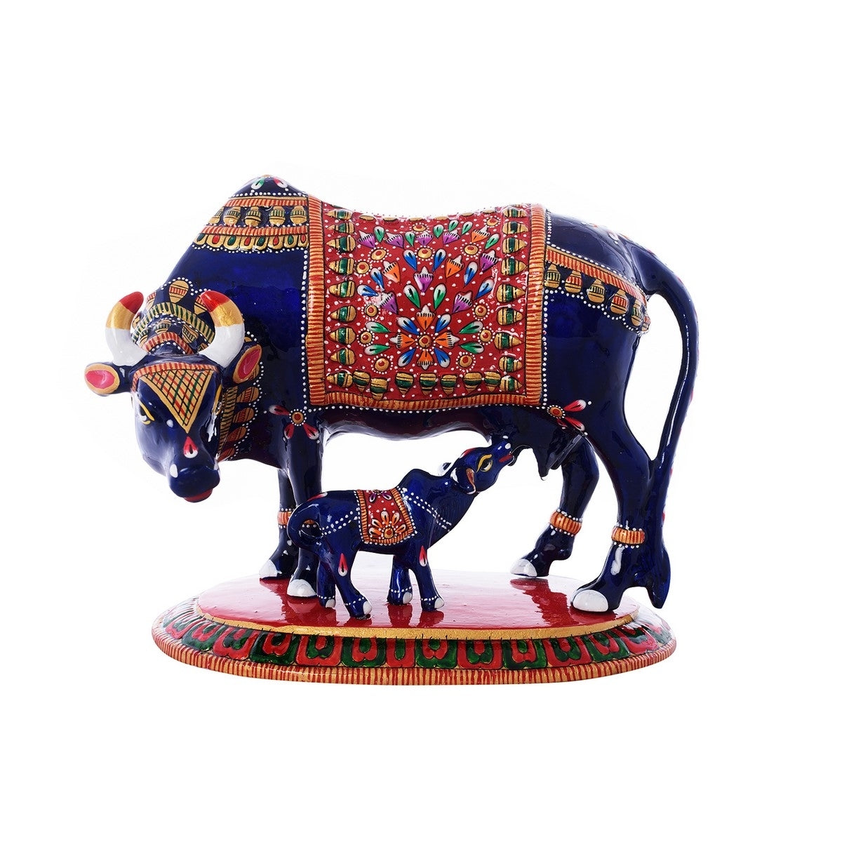 Meenakari Metal Blue and Red Cow And Calf statue 1