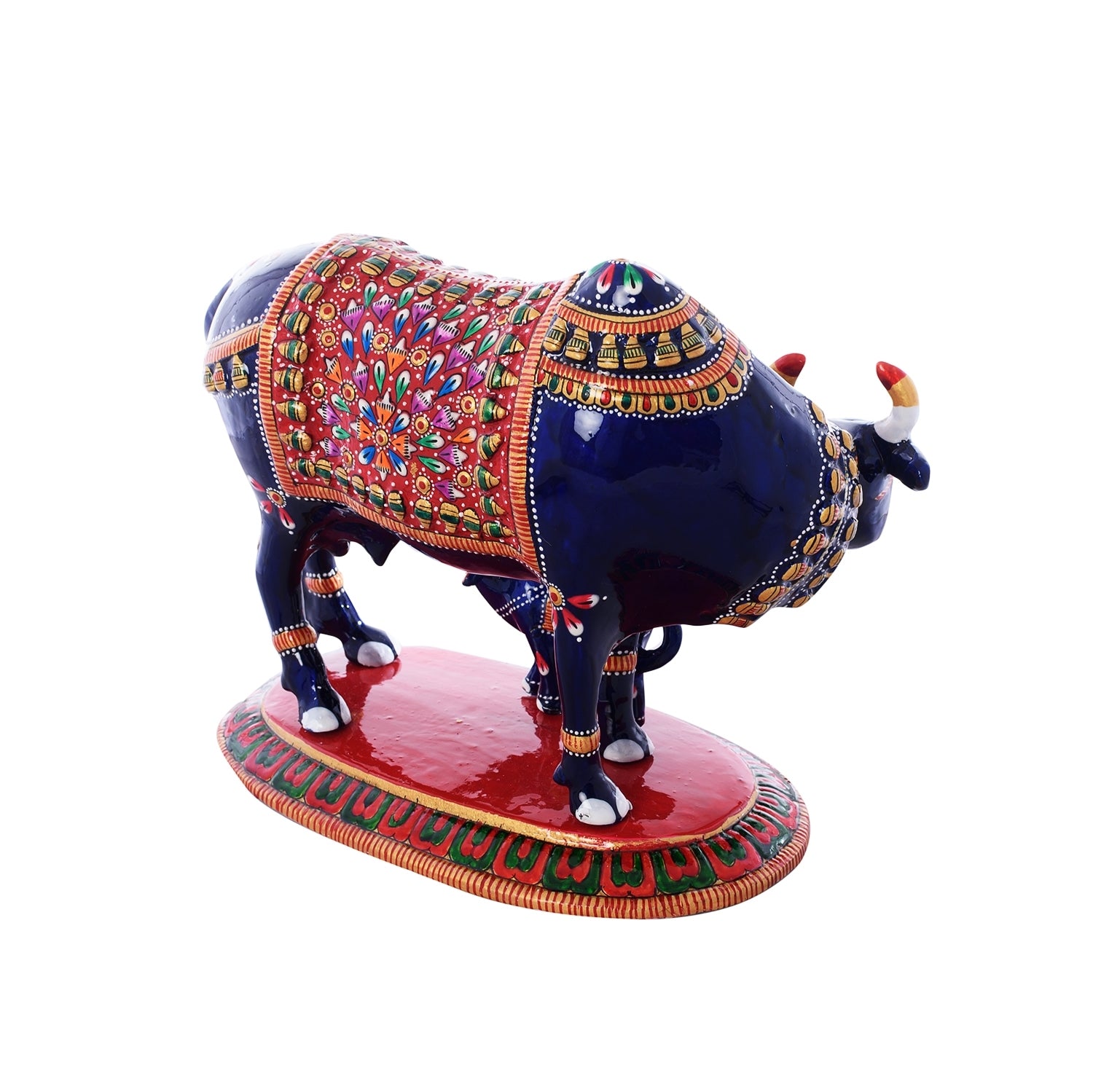 Meenakari Metal Blue and Red Cow And Calf statue 4