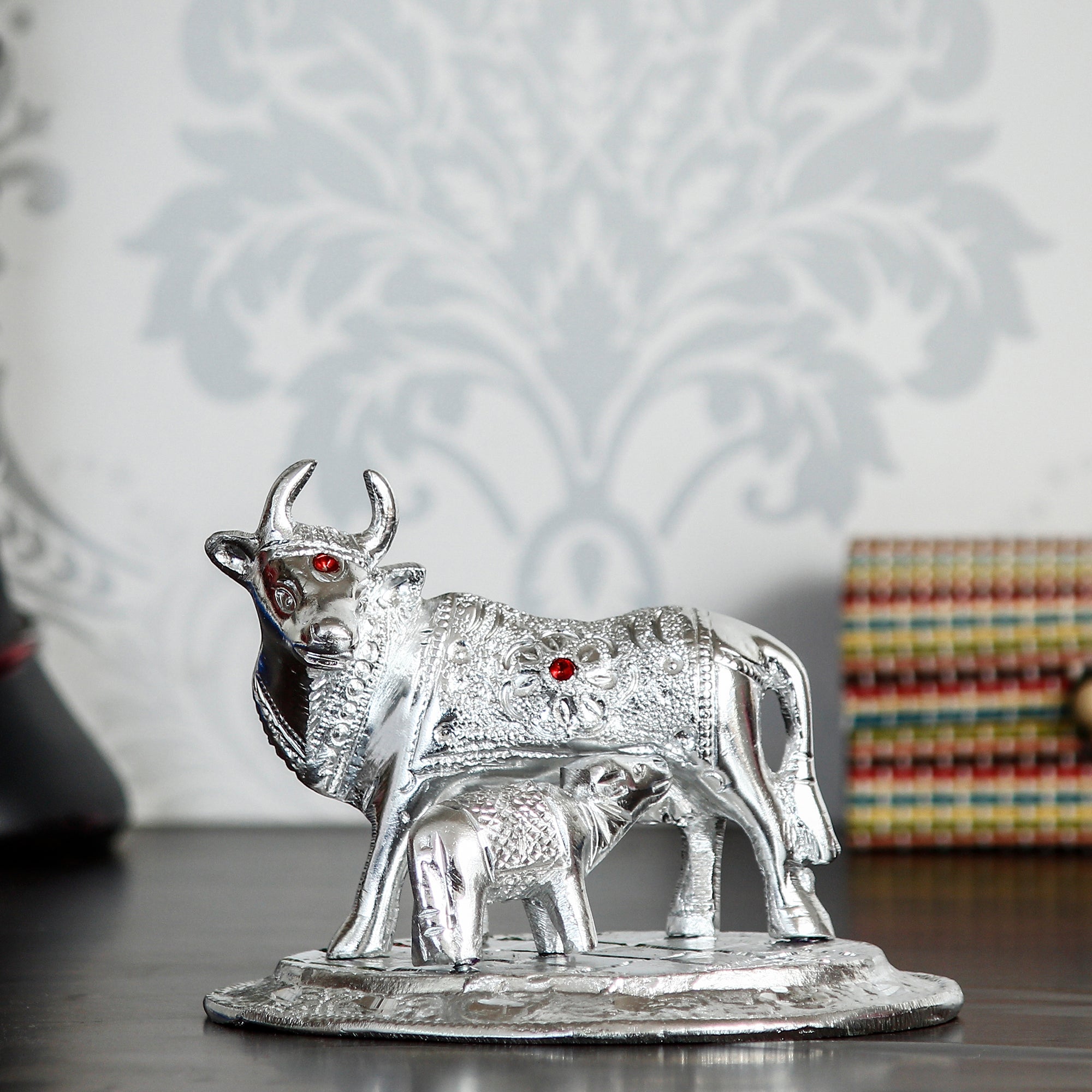Silver White Metal Decorative Kamdhenu Cow with Calf Statue