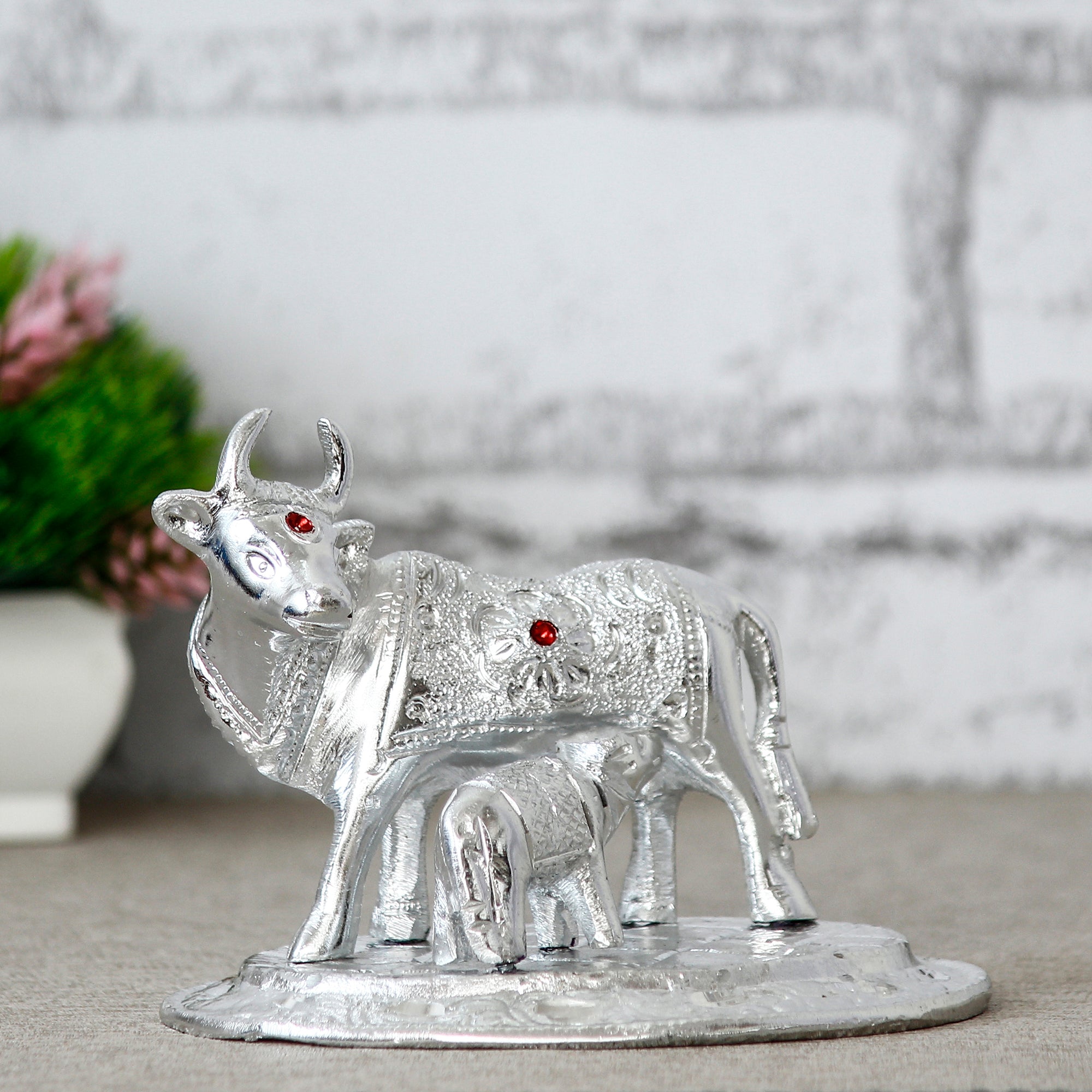Silver White Metal Decorative Kamdhenu Cow with Calf Statue 1