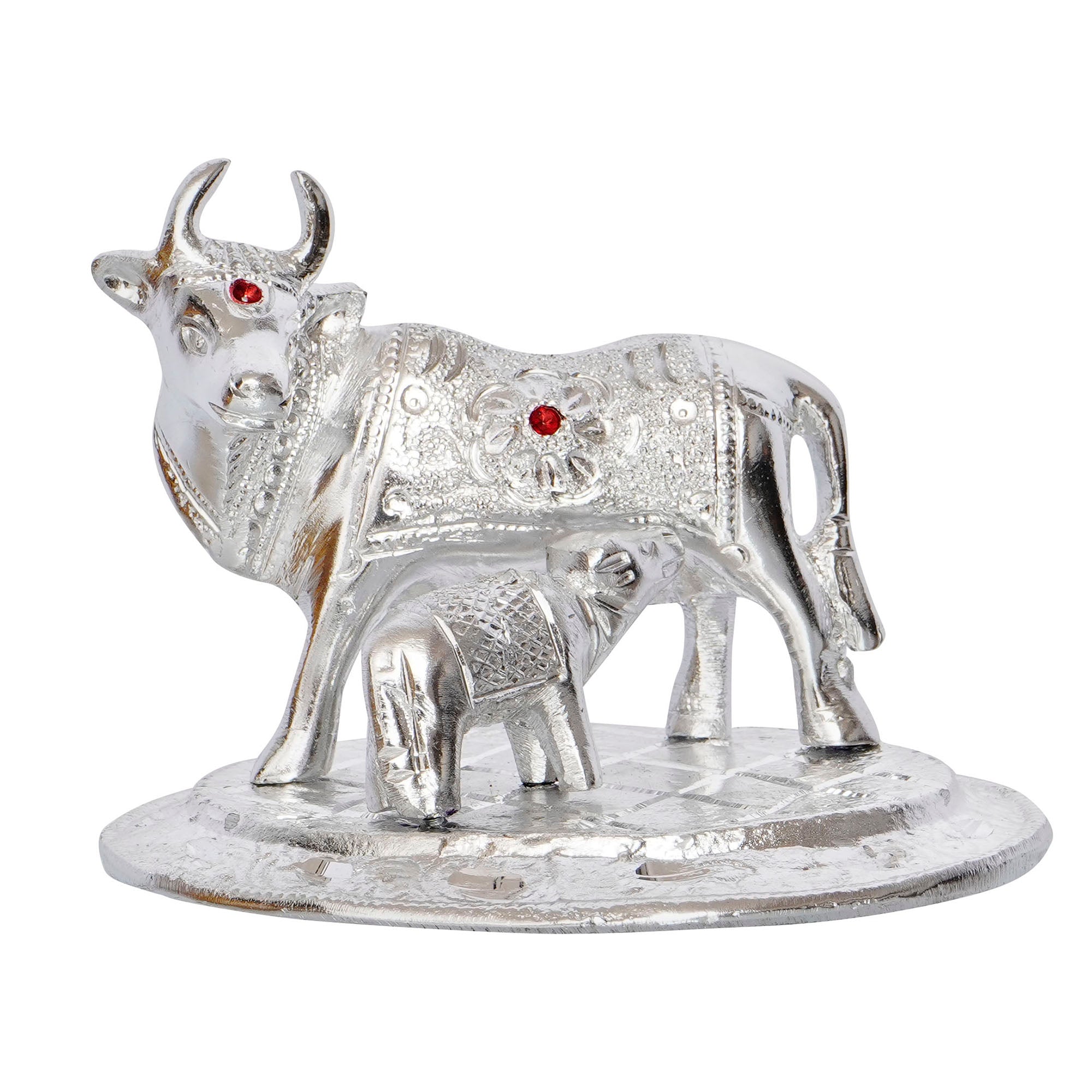 Silver White Metal Decorative Kamdhenu Cow with Calf Statue 2