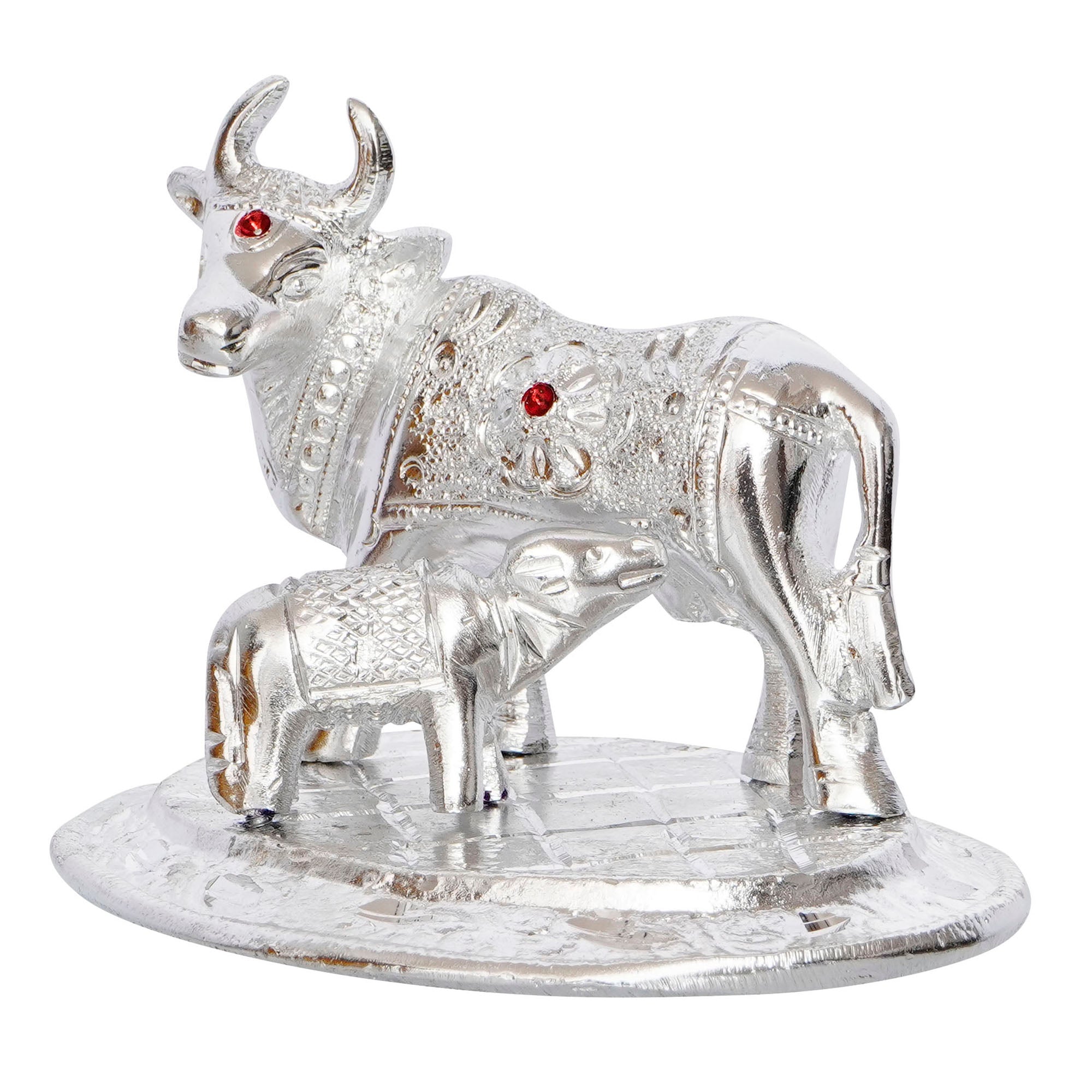Silver White Metal Decorative Kamdhenu Cow with Calf Statue 5