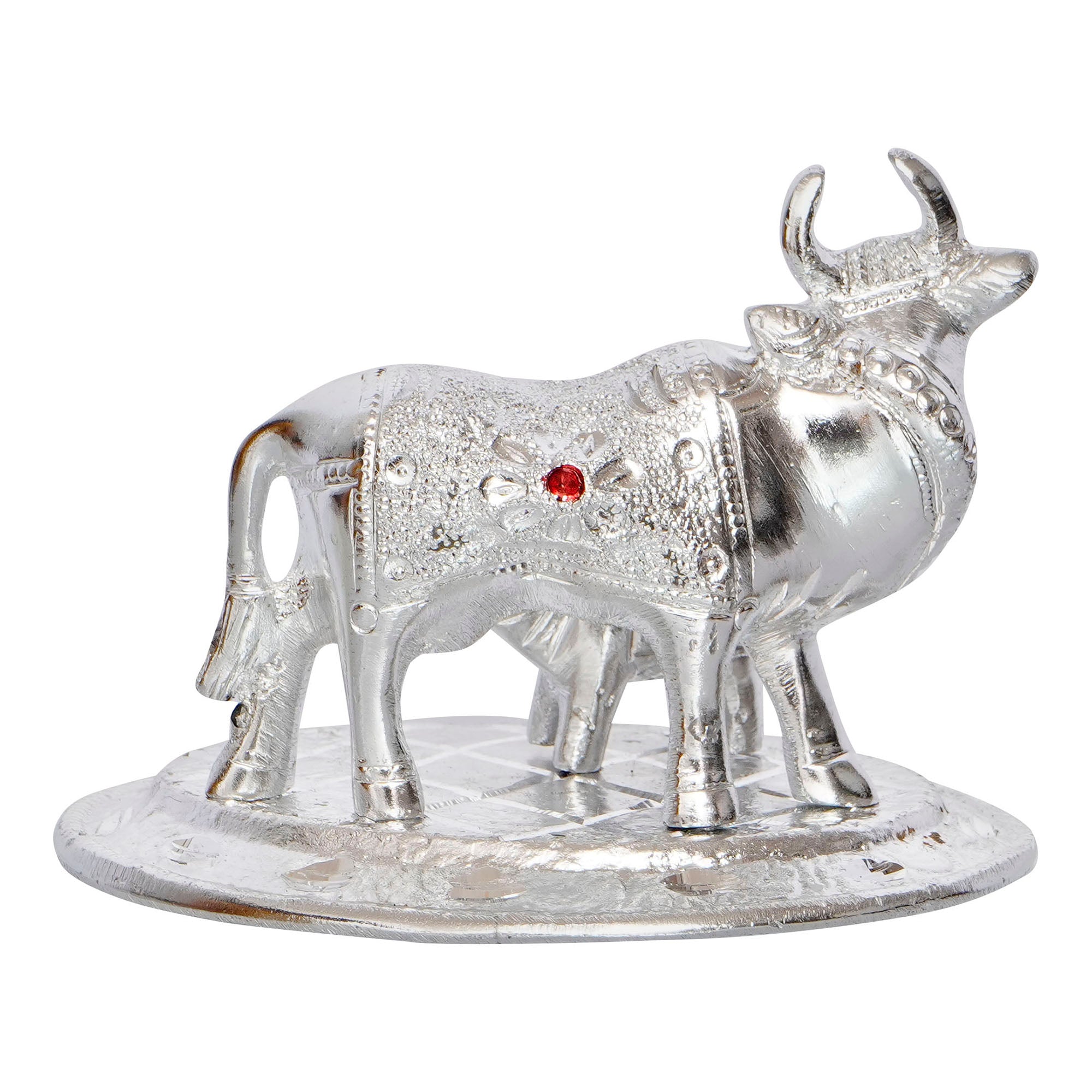 Silver White Metal Decorative Kamdhenu Cow with Calf Statue 6