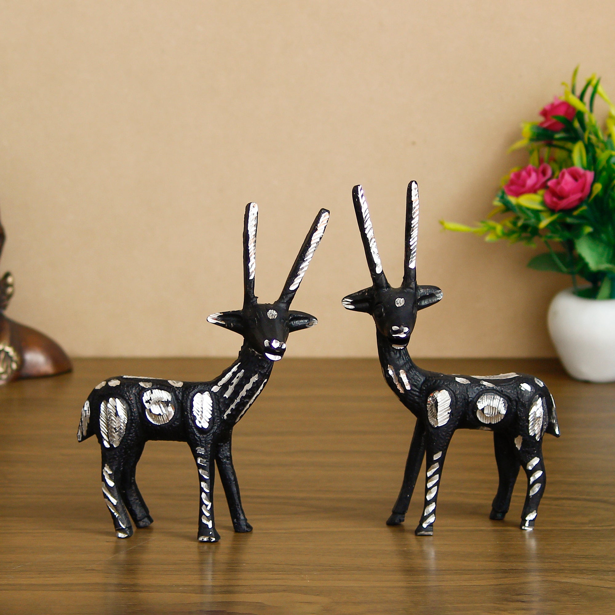 Set of 2 Black and Silver Metal Handcrafted Deer Figurine