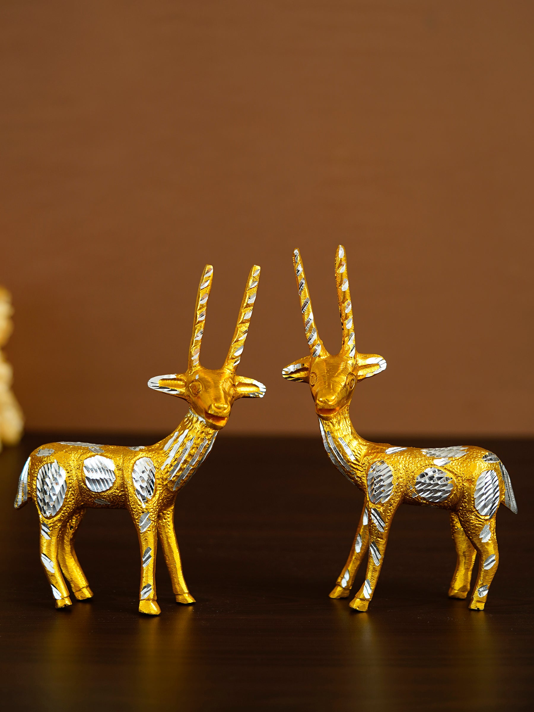 Set of 2 Engraved Golden Deer Handcrafted Decorative Metal Figurine